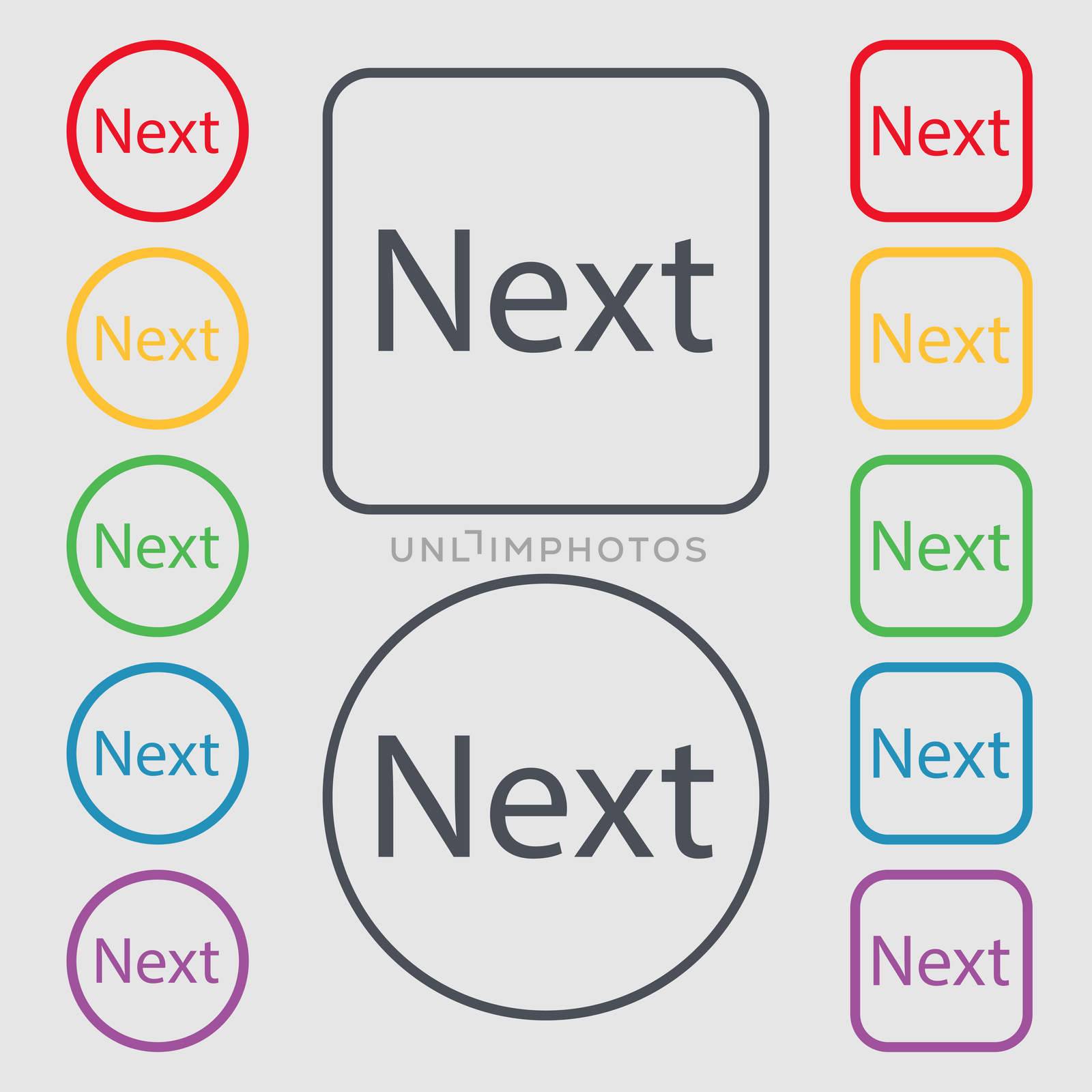 Next sign icon. Navigation symbol. Symbols on the Round and square buttons with frame. illustration