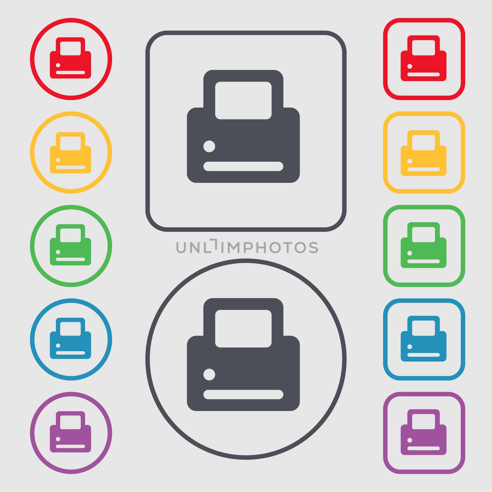 Printing icon sign. symbol on the Round and square buttons with frame. illustration