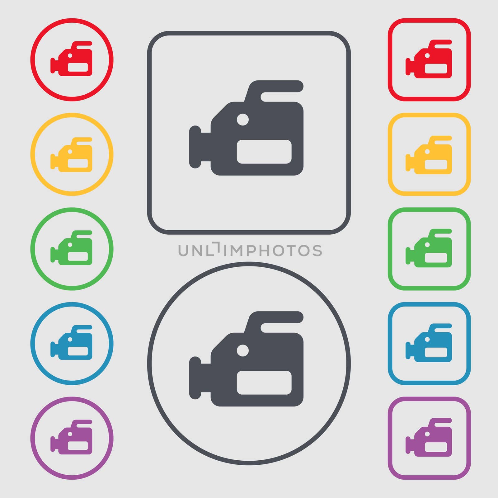 video camera icon sign. symbol on the Round and square buttons with frame. illustration