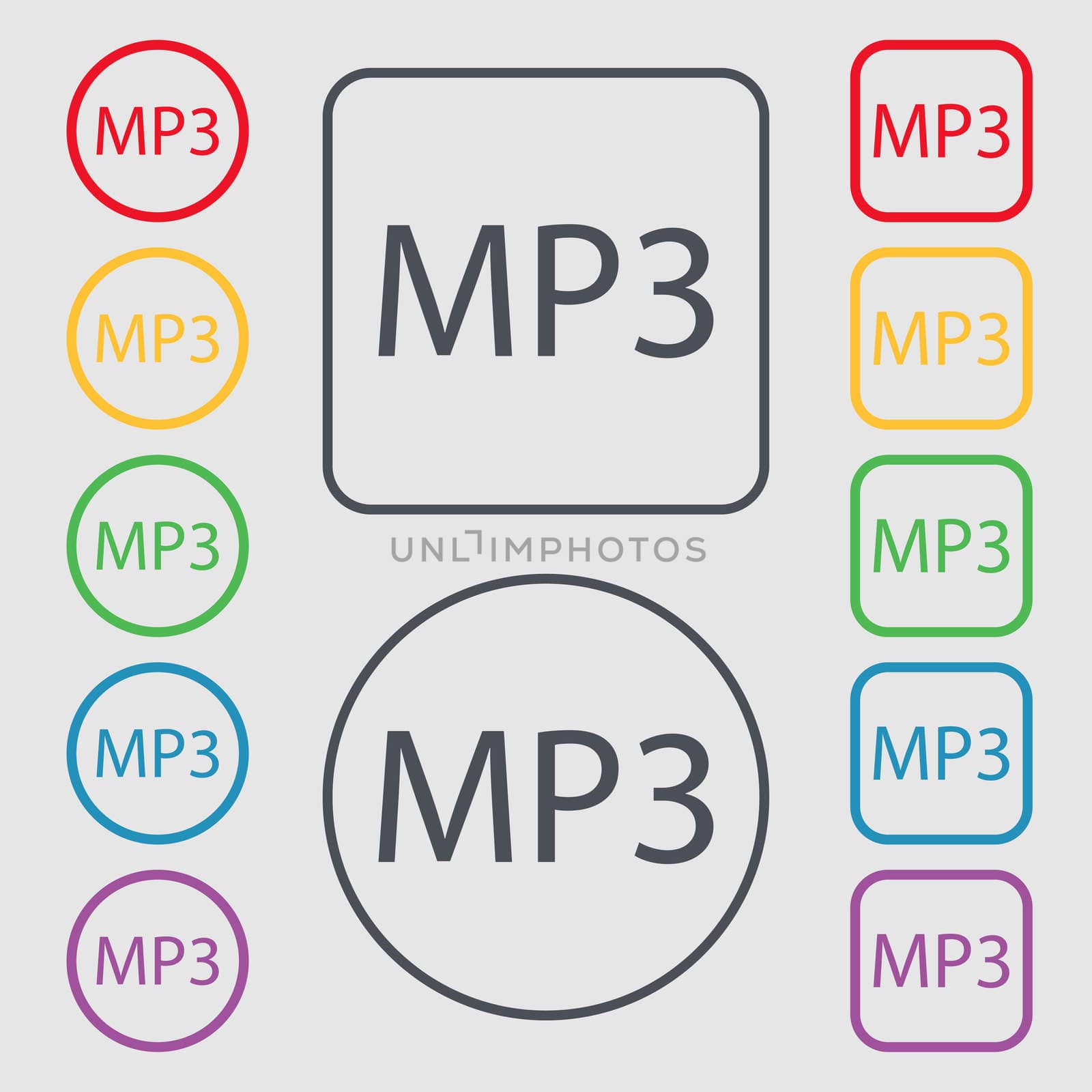 Mp3 music format sign icon. Musical symbol. Symbols on the Round and square buttons with frame. illustration