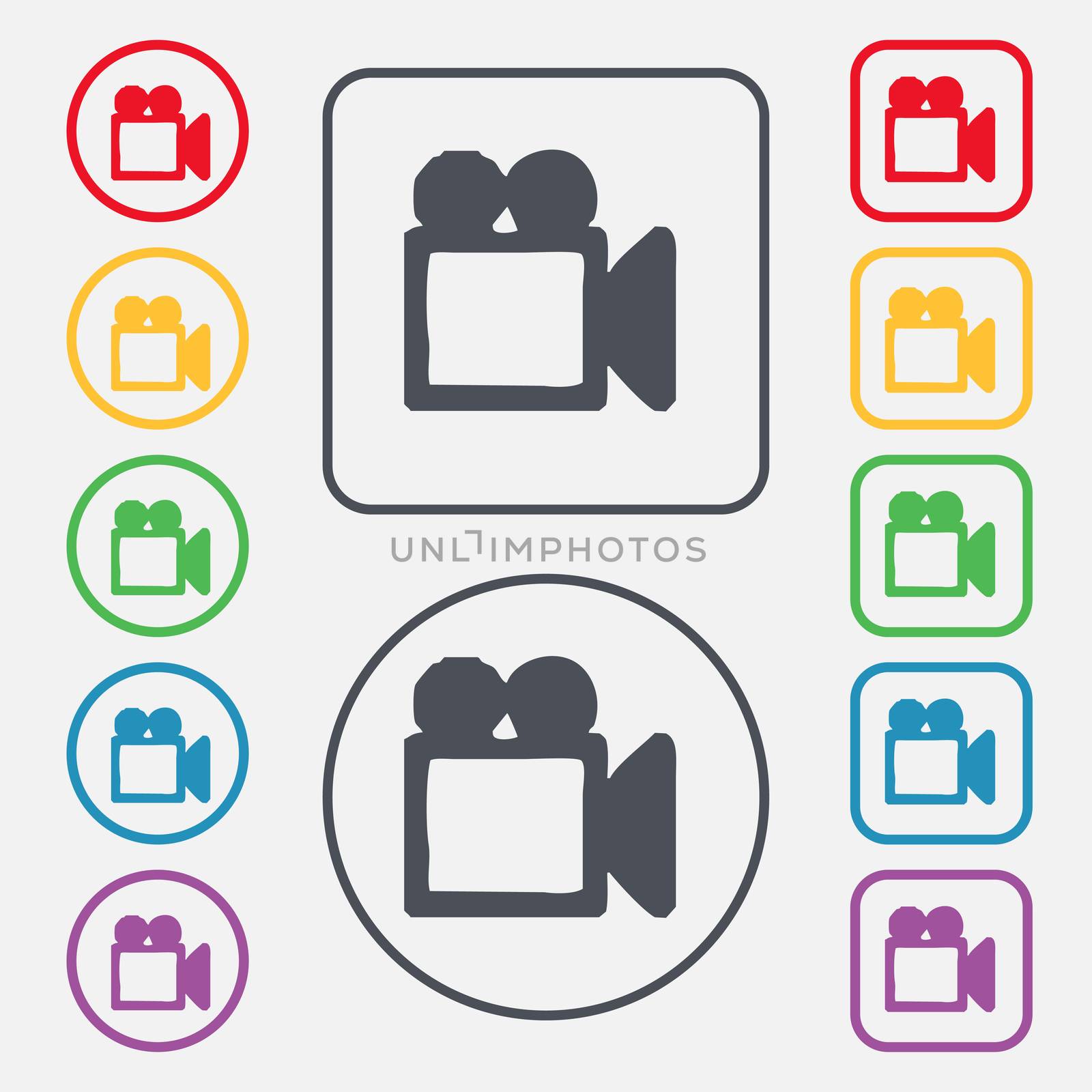 camcorder icon sign. symbol on the Round and square buttons with frame. illustration