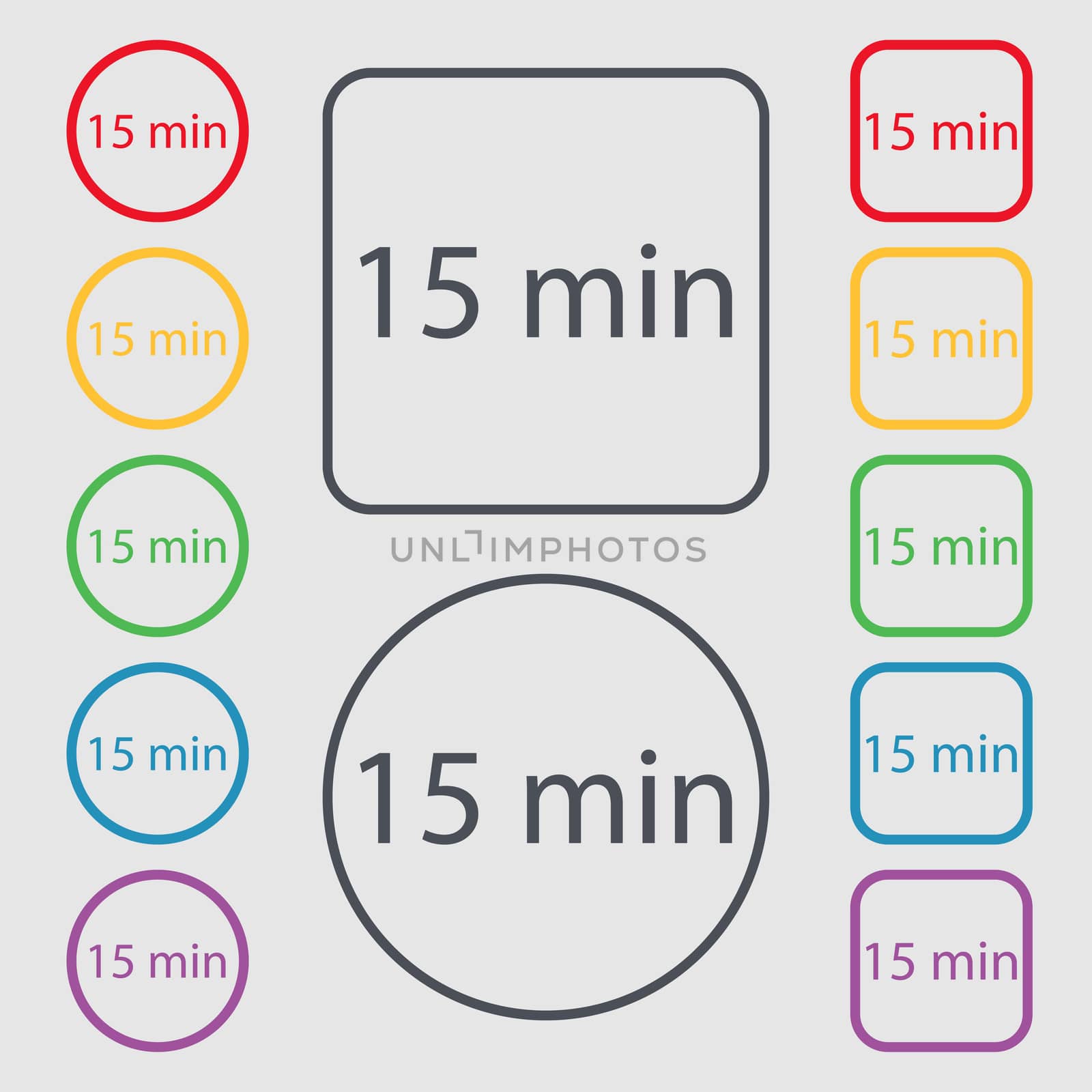 15 minutes sign icon. Symbols on the Round and square buttons with frame. illustration