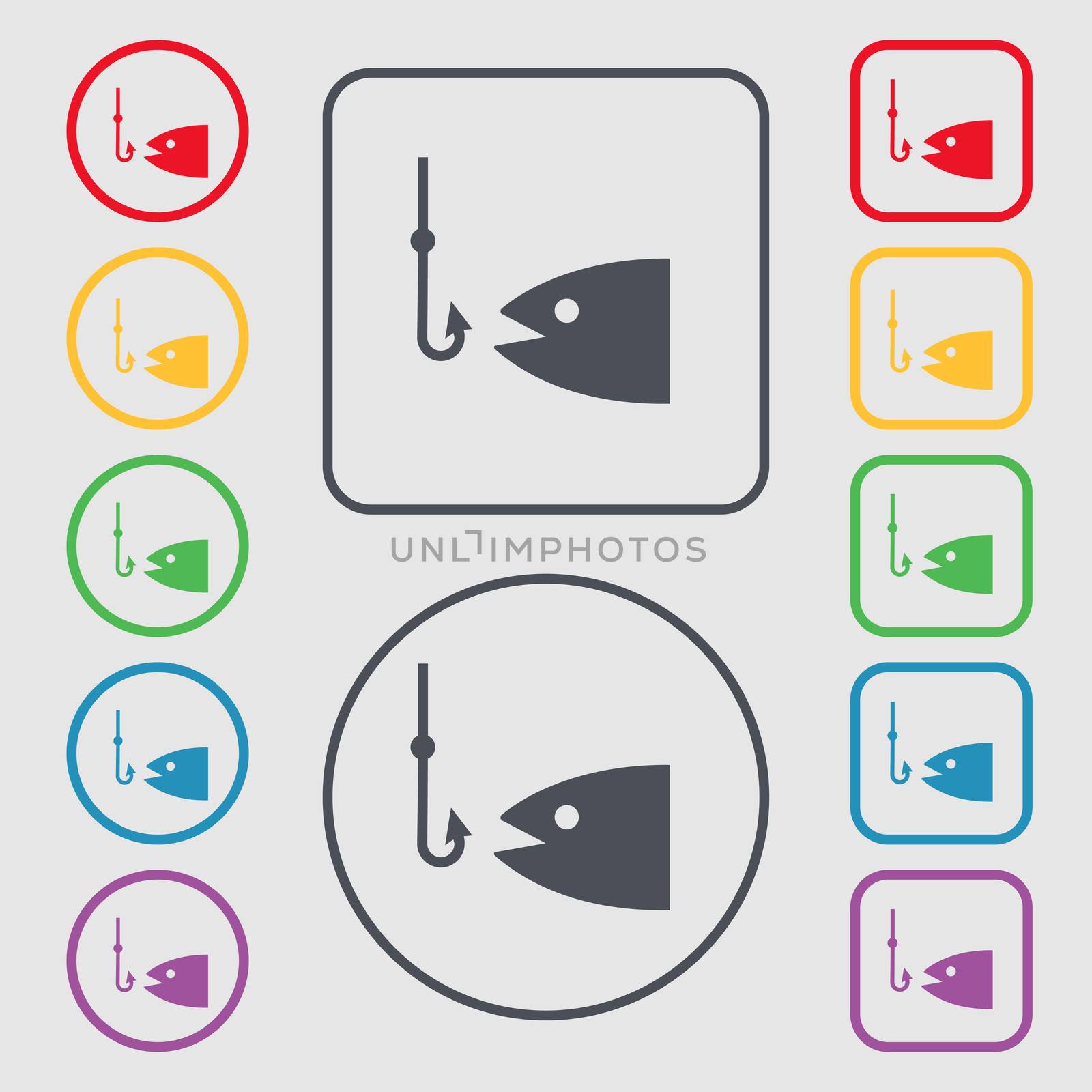Fishing icon sign. symbol on the Round and square buttons with frame. illustration