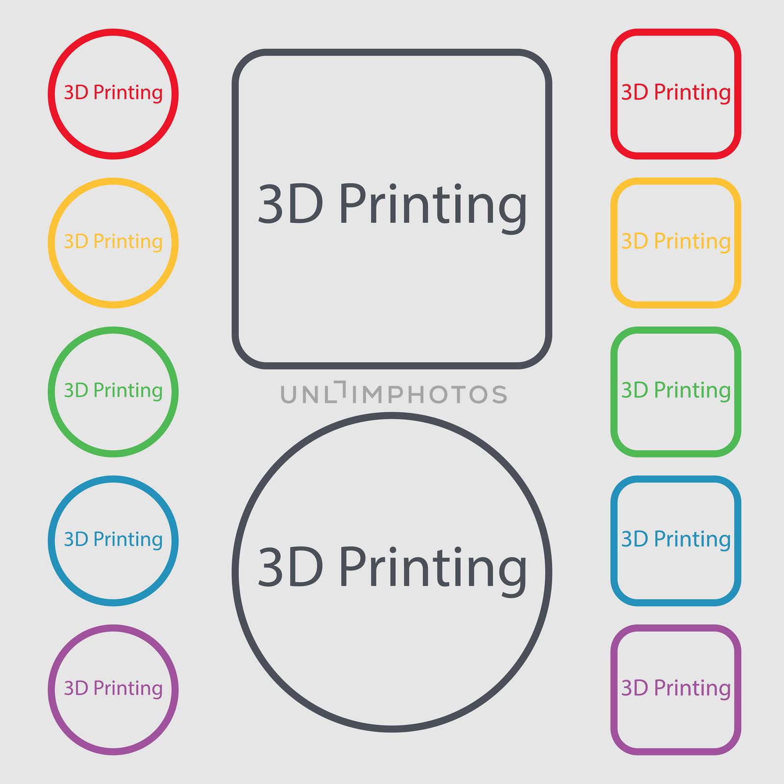 3D Print sign icon. 3d-Printing symbol. Symbols on the Round and square buttons with frame. illustration