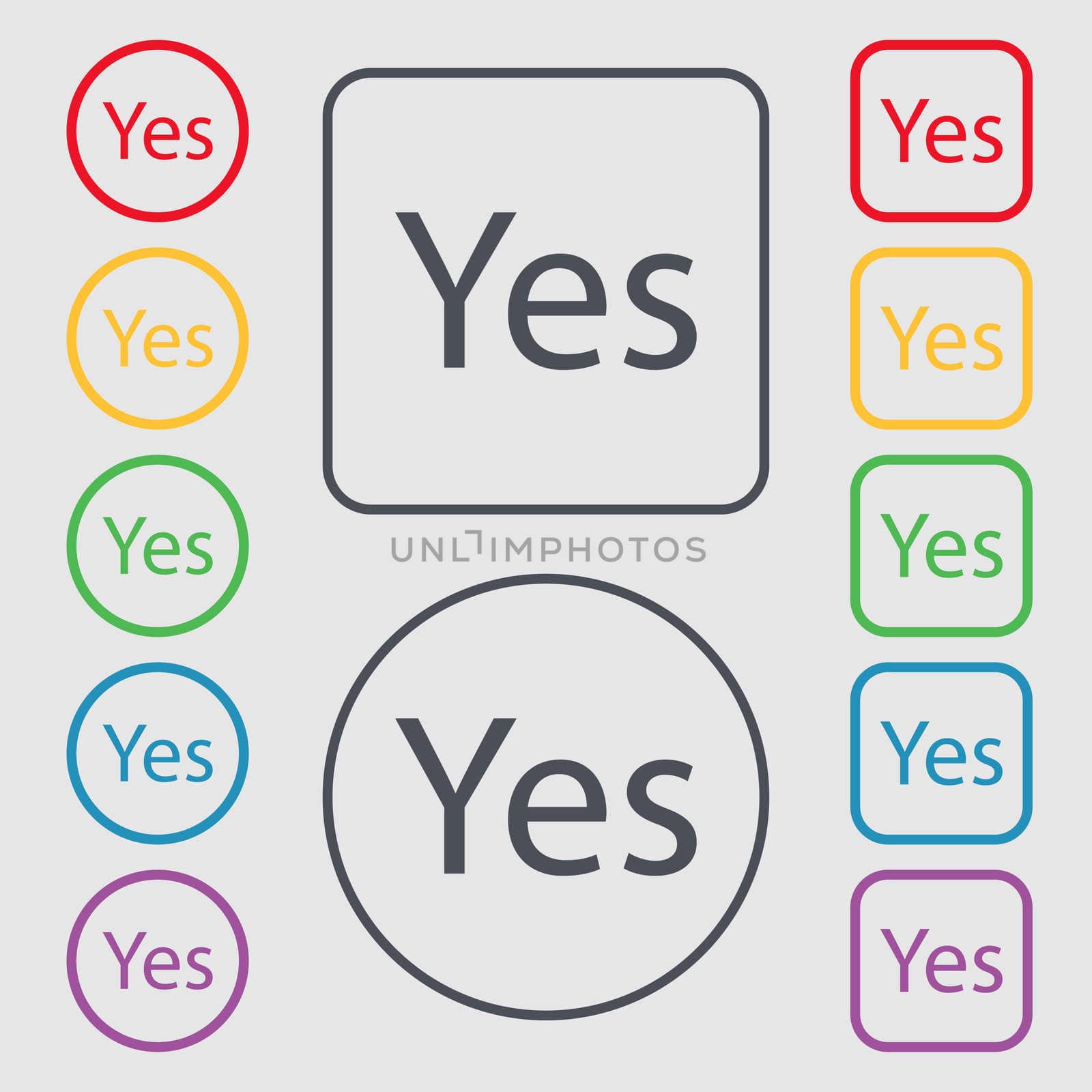 Yes sign icon. Positive check symbol. Symbols on the Round and square buttons with frame. illustration