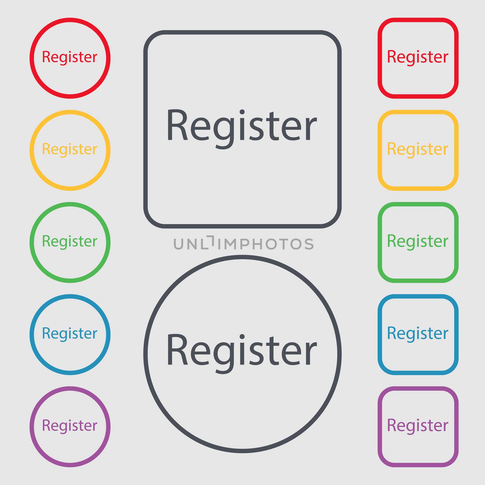 Register sign icon. Membership symbol. Website navigation. Symbols on the Round and square buttons with frame. illustration