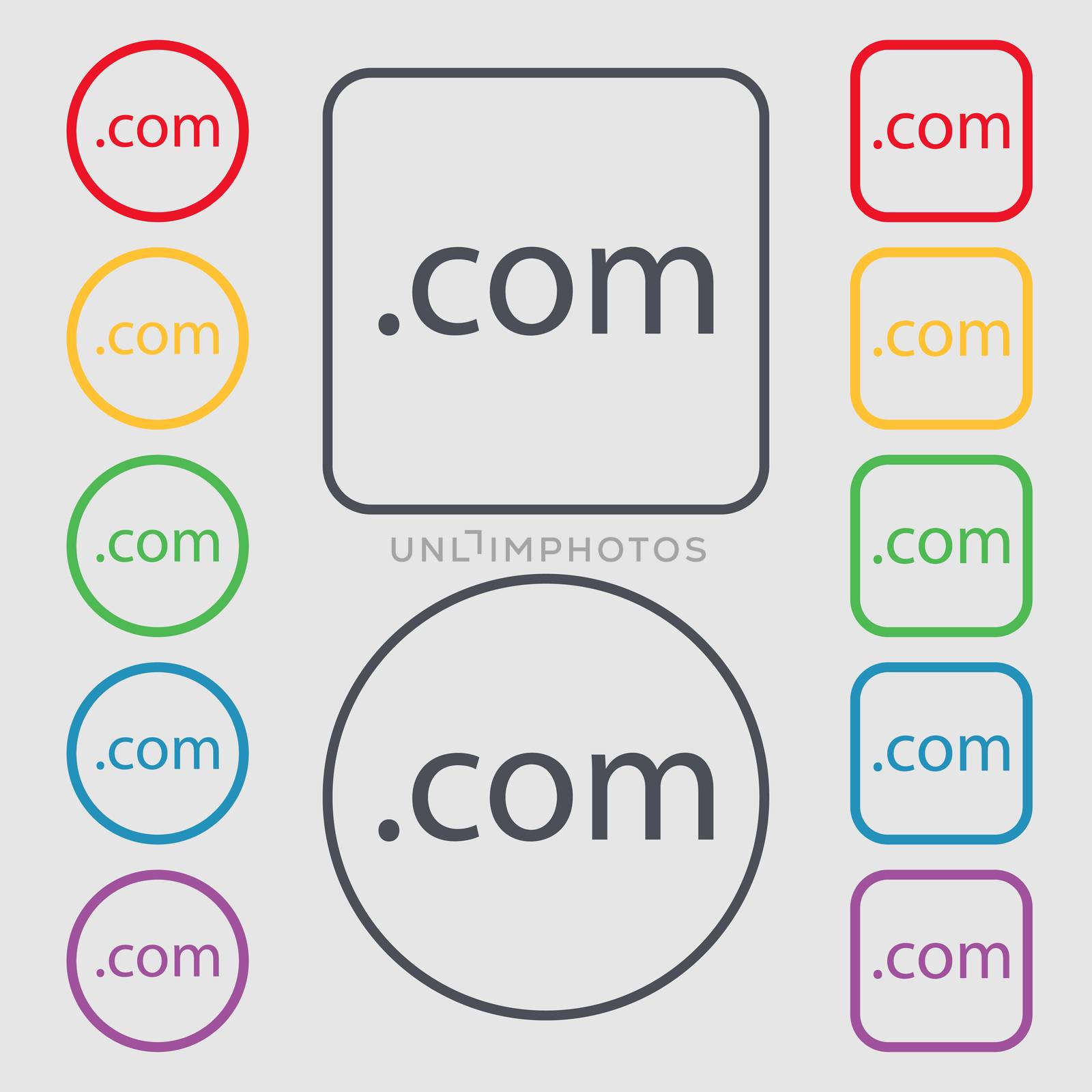 Domain COM sign icon. Top-level internet domain symbol. Symbols on the Round and square buttons with frame. illustration