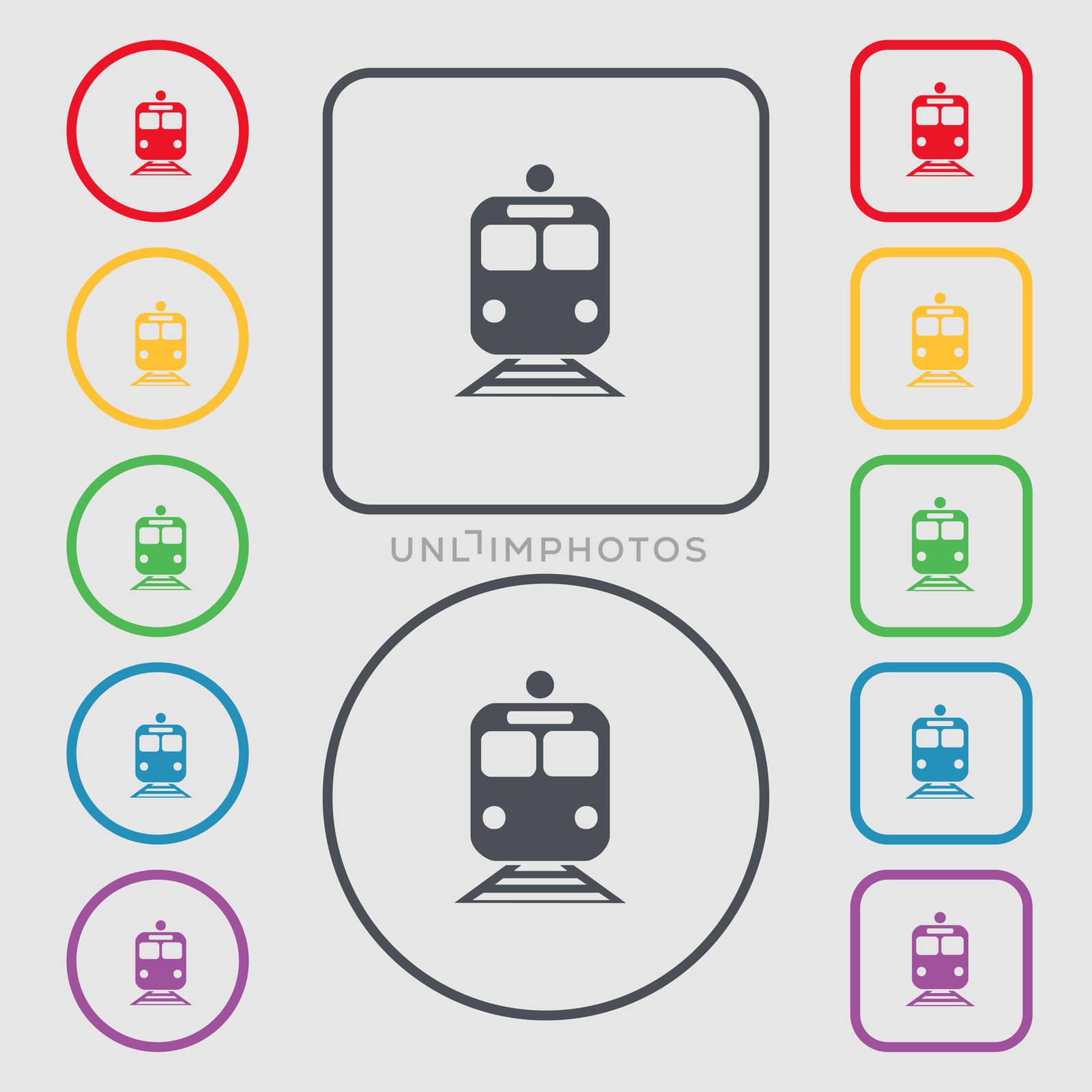 train icon sign. symbol on the Round and square buttons with frame.  by serhii_lohvyniuk