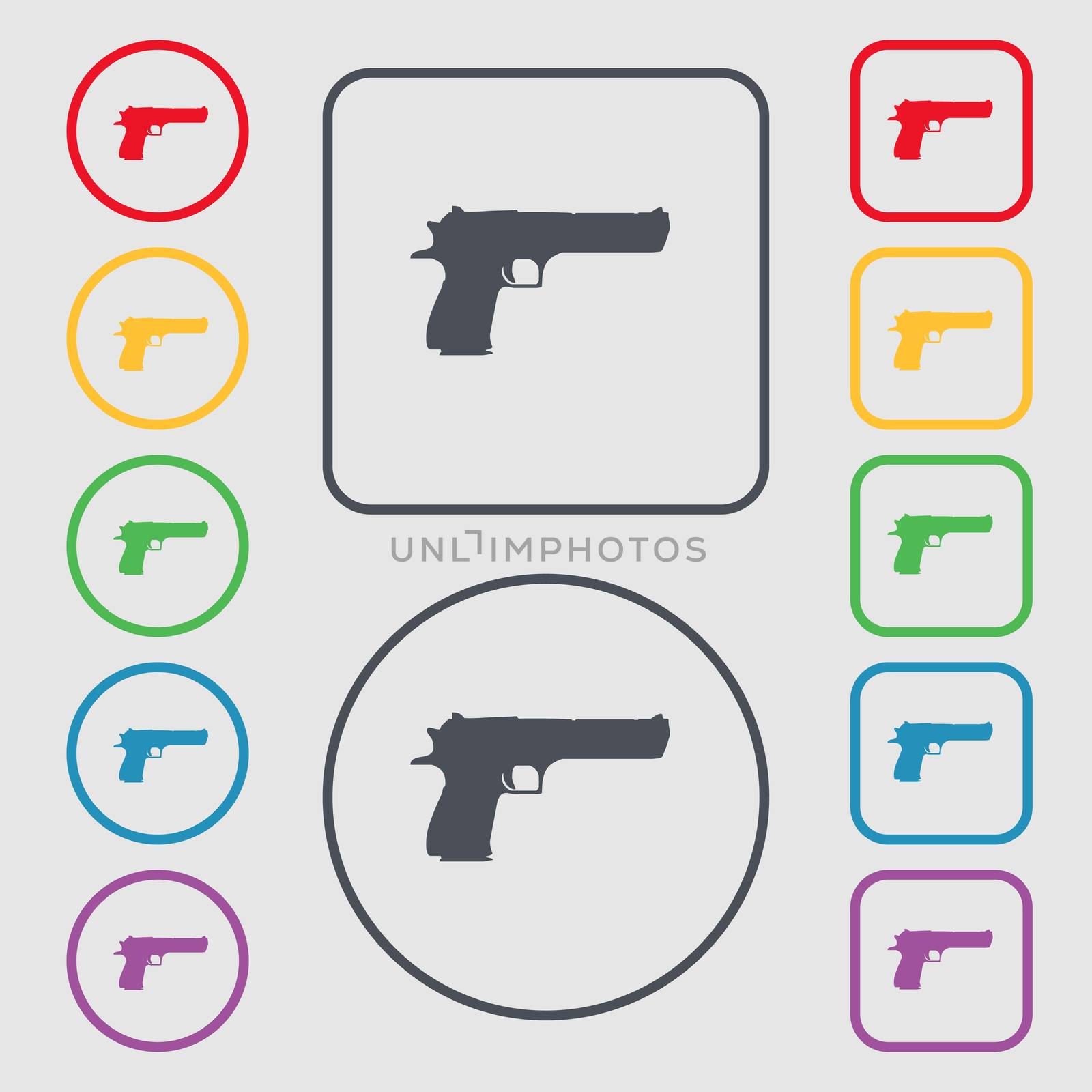 gun icon sign. symbol on the Round and square buttons with frame. illustration
