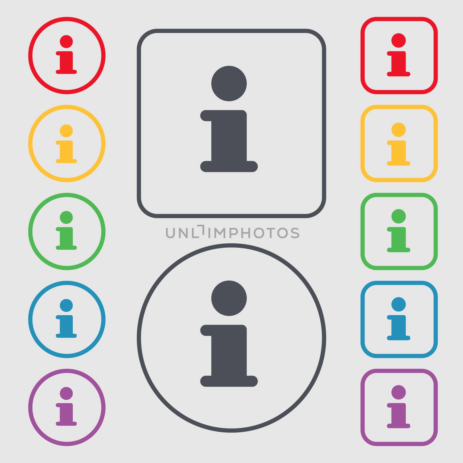 Information, Info icon sign. symbol on the Round and square buttons with frame. illustration