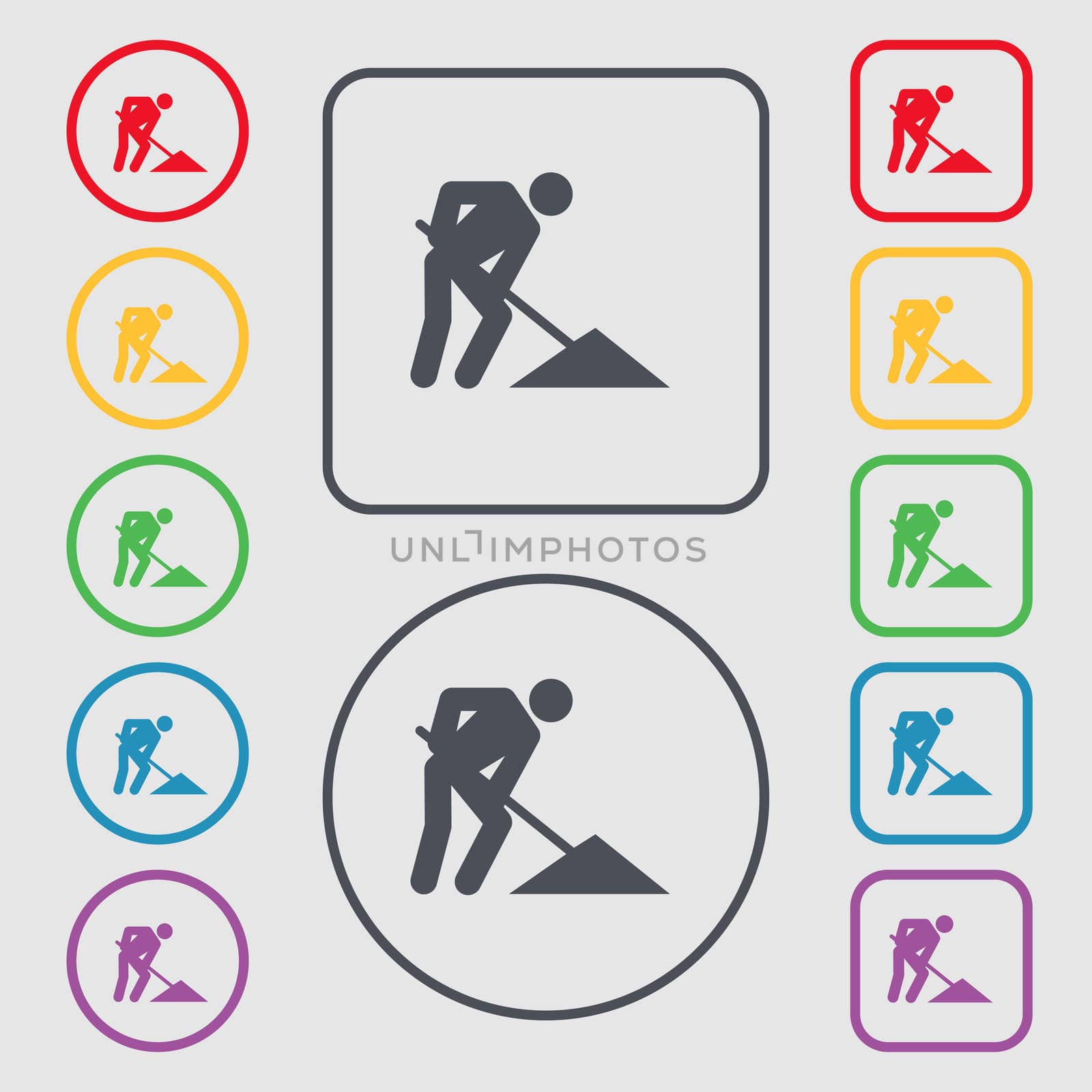 repair of road, construction work icon sign. symbol on the Round and square buttons with frame. illustration