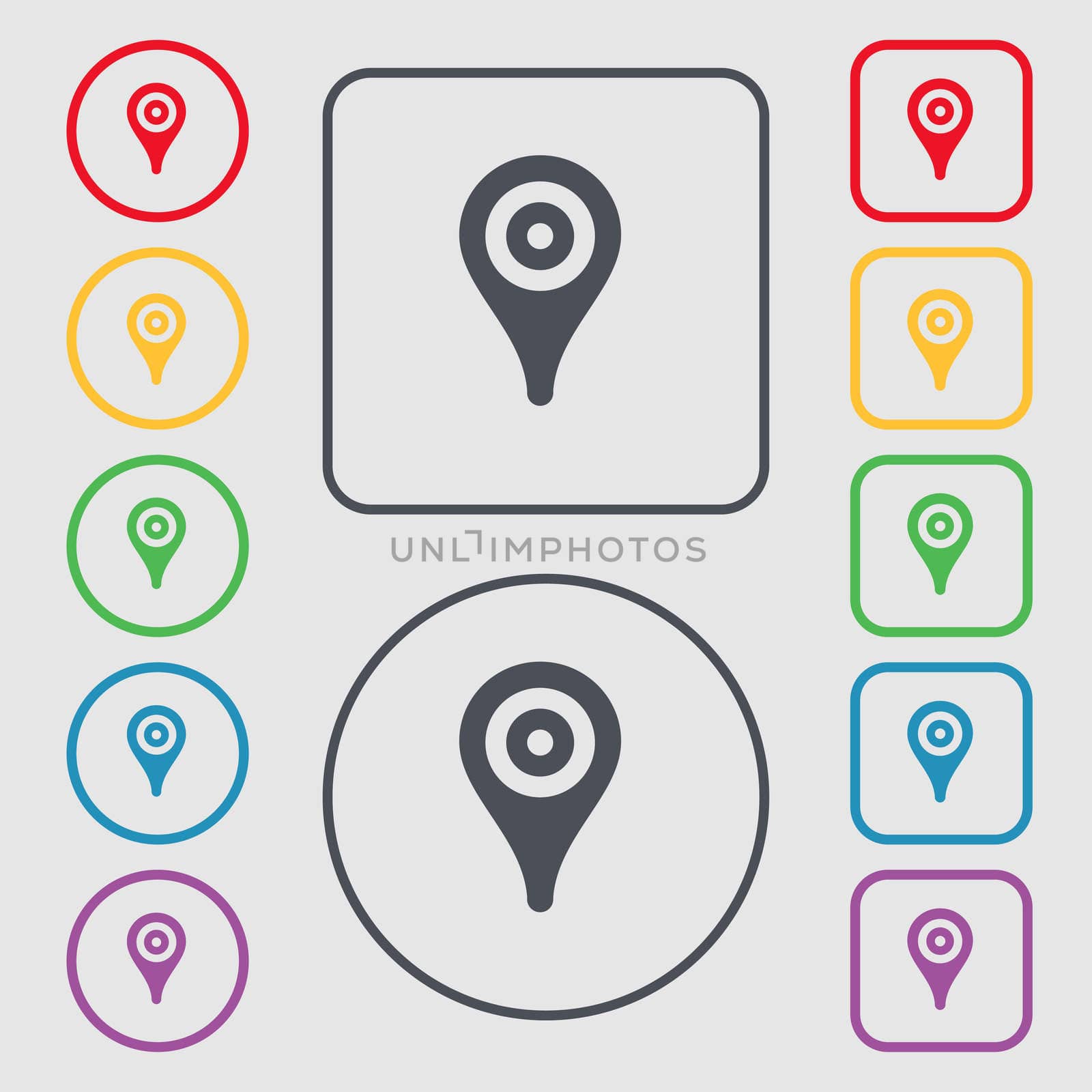 Map pointer, GPS location icon sign. symbol on the Round and square buttons with frame. illustration