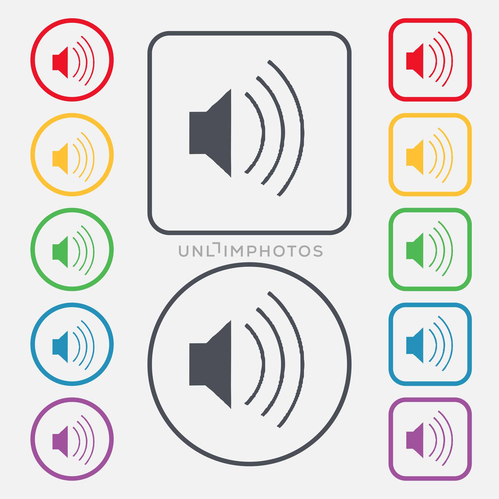 volume, sound icon sign. symbol on the Round and square buttons with frame. illustration