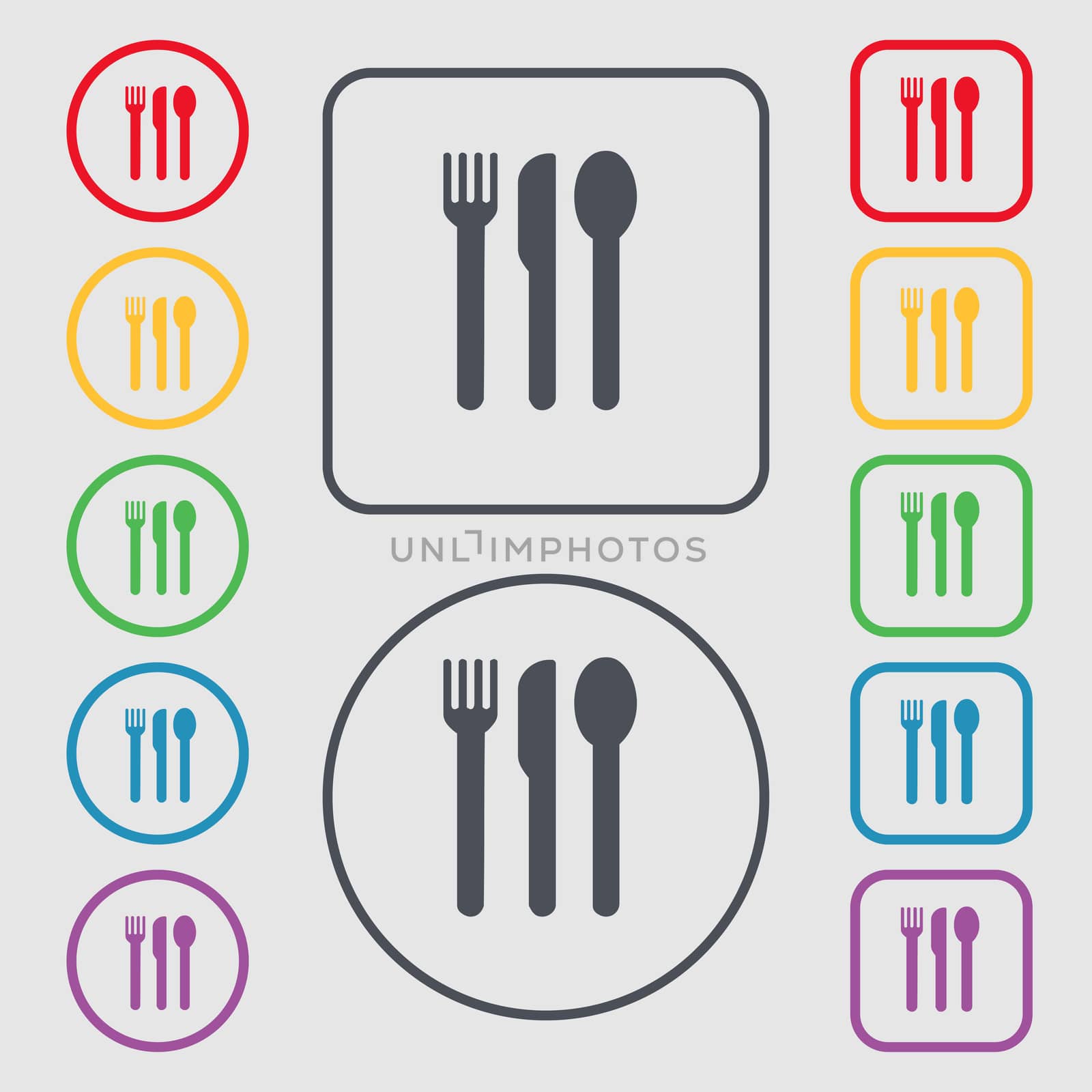 fork, knife, spoon icon sign. symbol on the Round and square buttons with frame. illustration