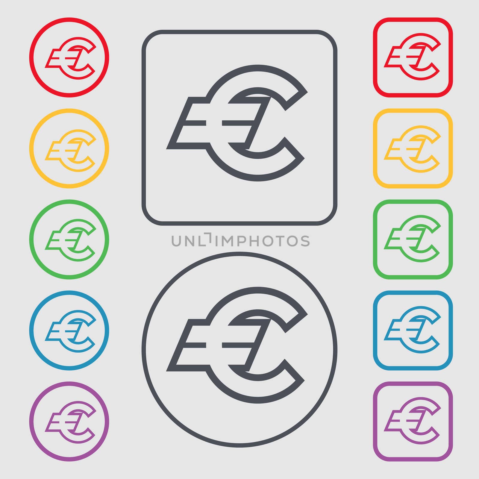 Euro EUR icon sign. symbol on the Round and square buttons with frame. illustration