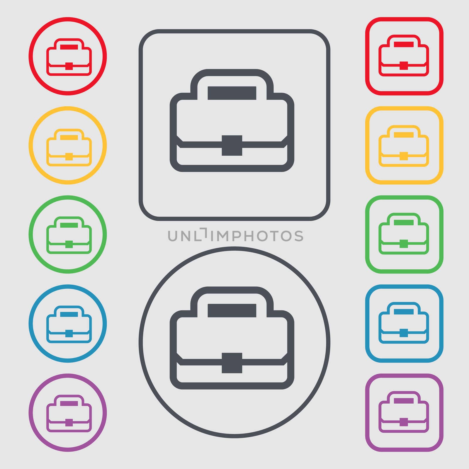 Briefcase icon sign. symbol on the Round and square buttons with frame. illustration