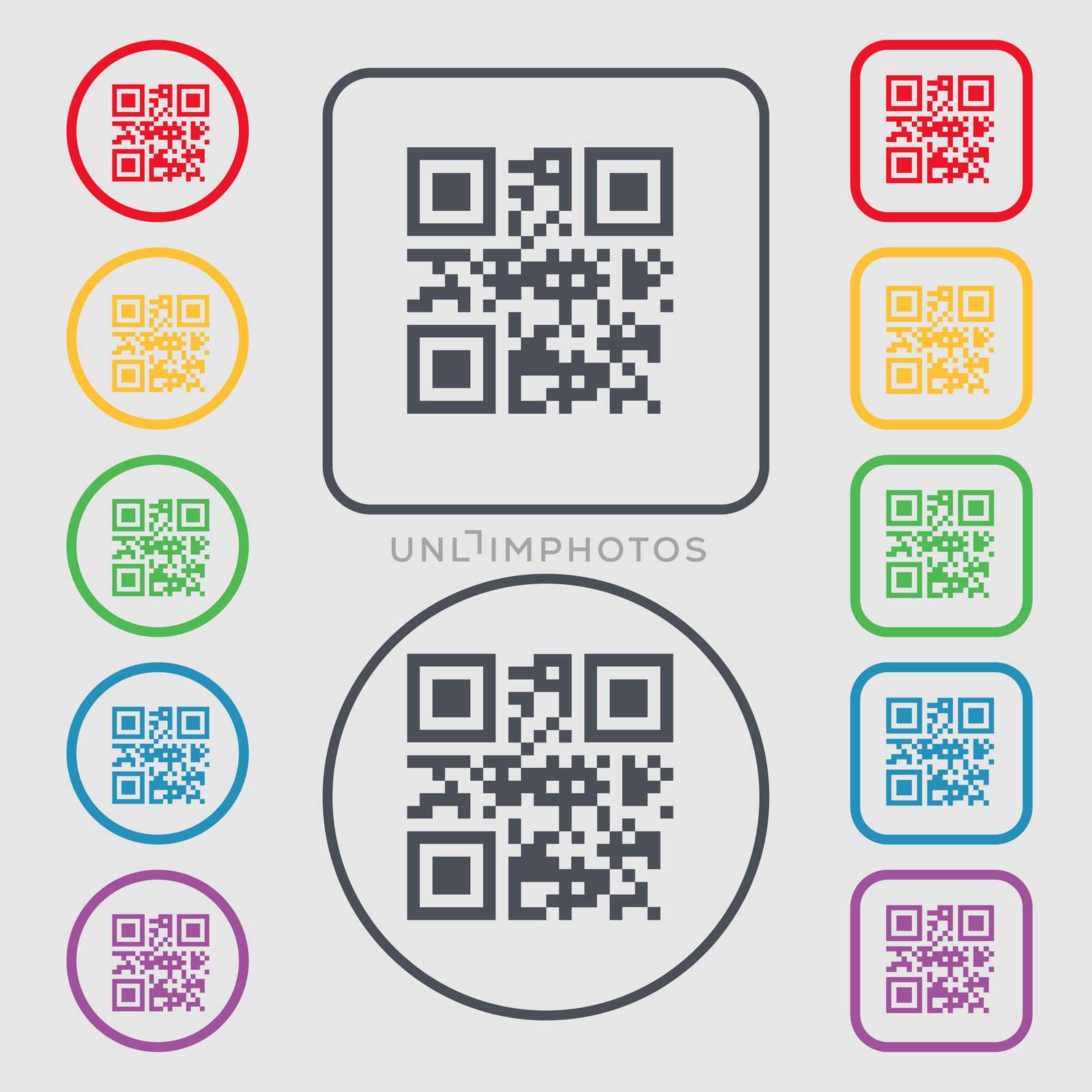 Qr code icon sign. symbol on the Round and square buttons with frame. illustration