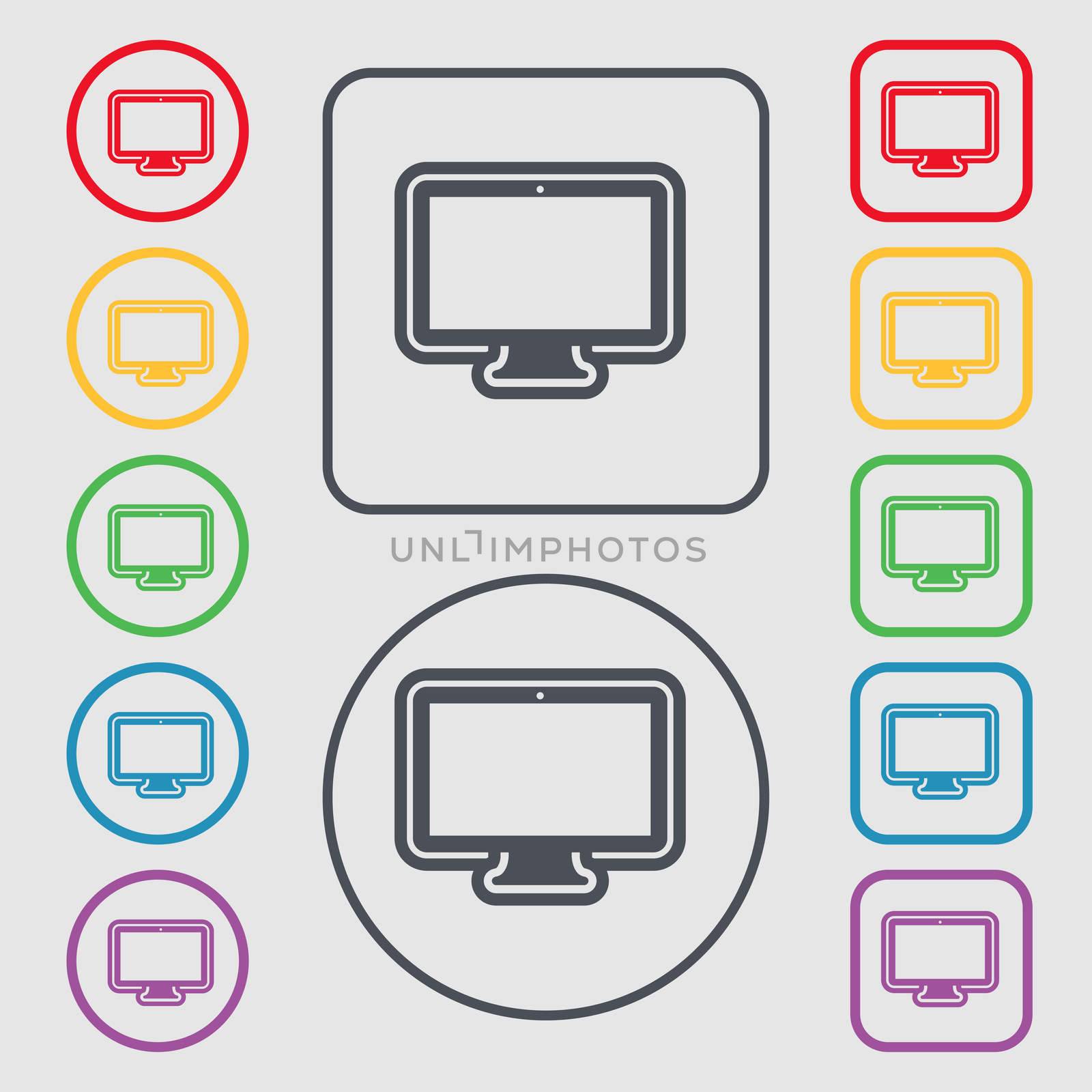monitor icon sign. symbol on the Round and square buttons with frame. illustration