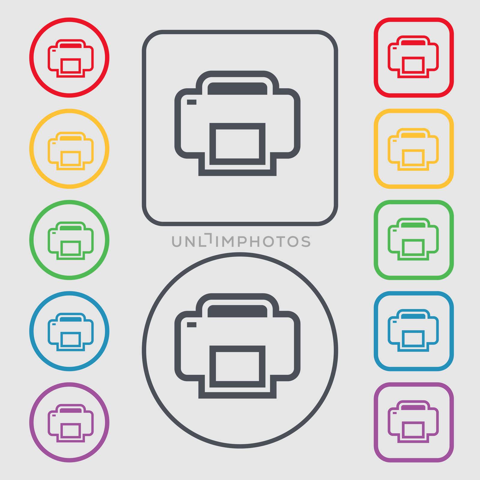 Printing icon sign. symbol on the Round and square buttons with frame.  by serhii_lohvyniuk
