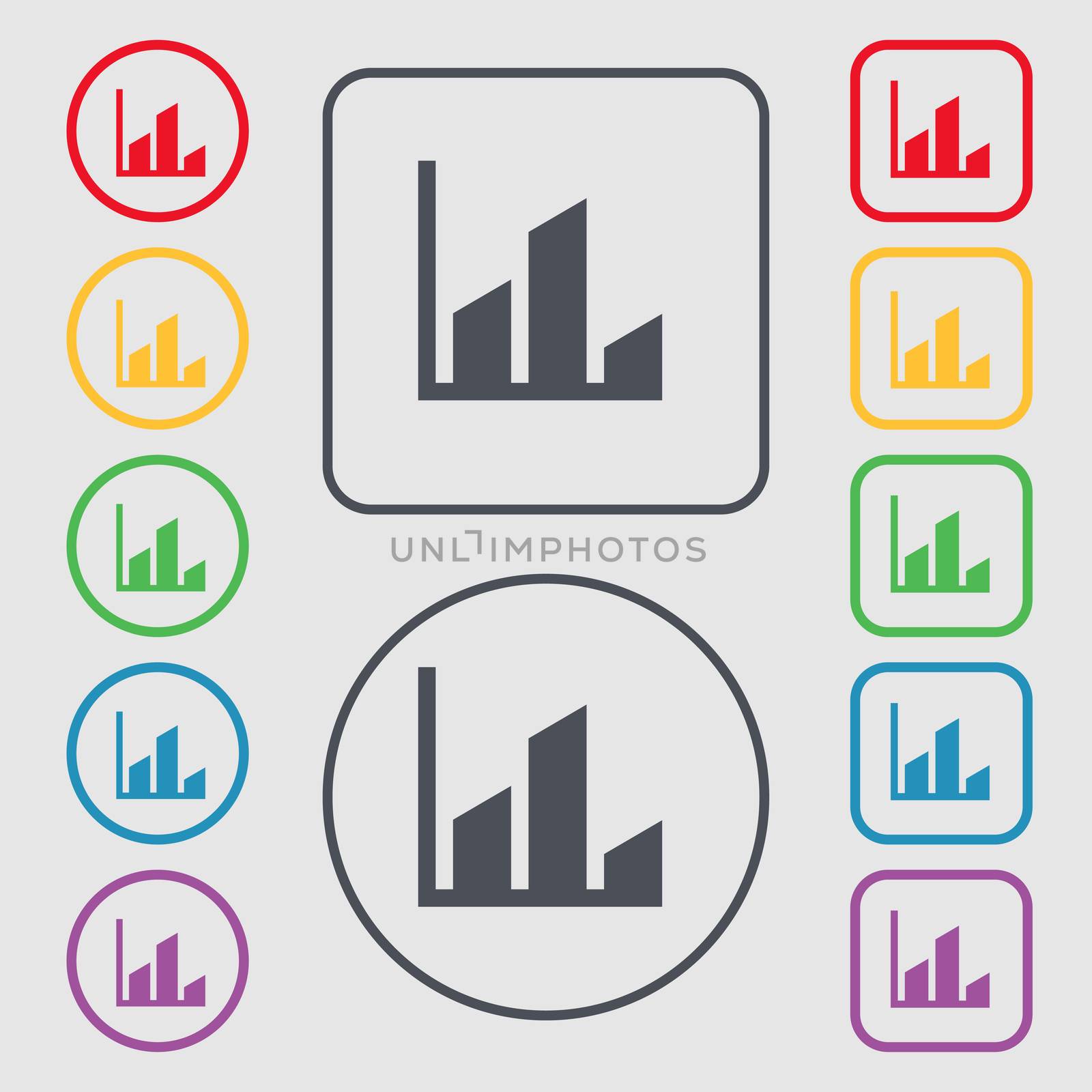 Chart icon sign. symbol on the Round and square buttons with frame. illustration
