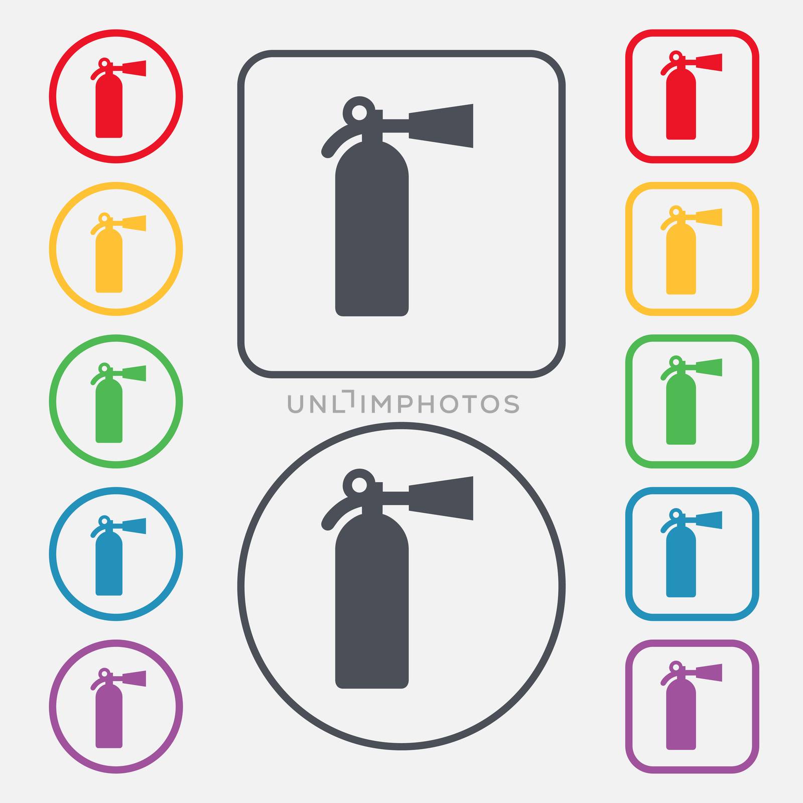 fire extinguisher icon sign. symbol on the Round and square buttons with frame. illustration