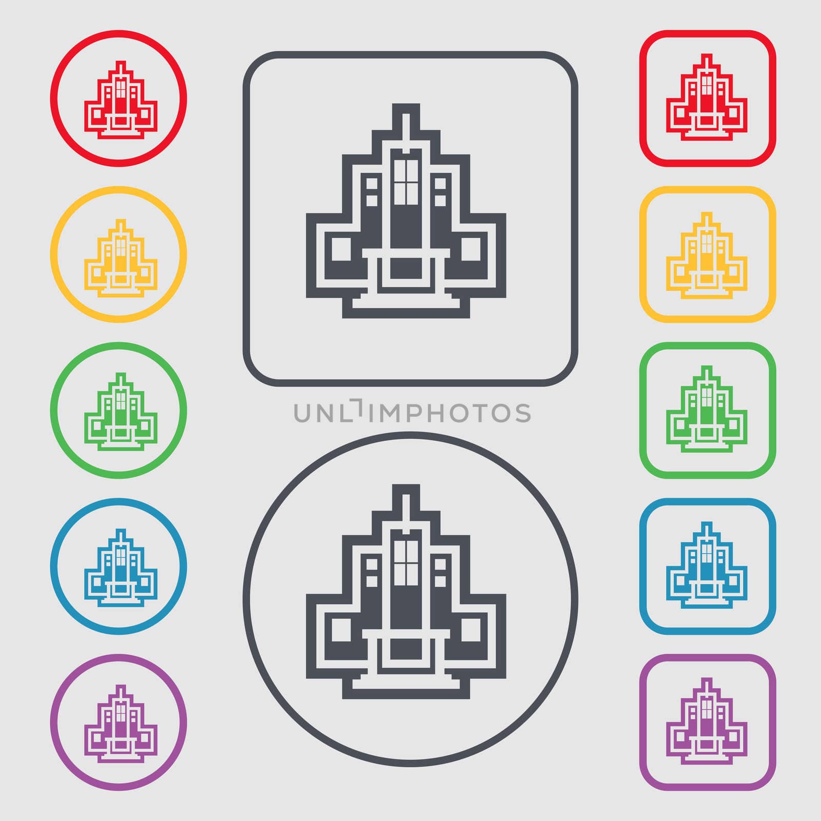 skyscraper icon sign. symbol on the Round and square buttons with frame.  by serhii_lohvyniuk