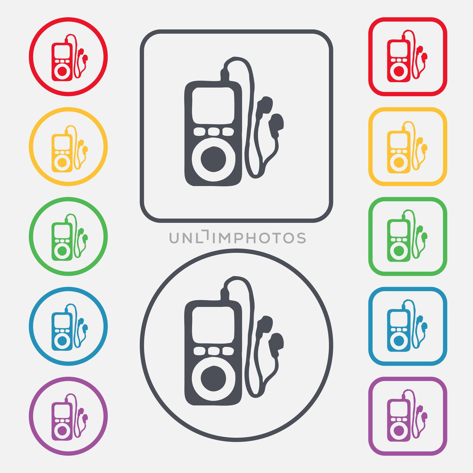 MP3 player, headphones, music icon sign. symbol on the Round and square buttons with frame. illustration