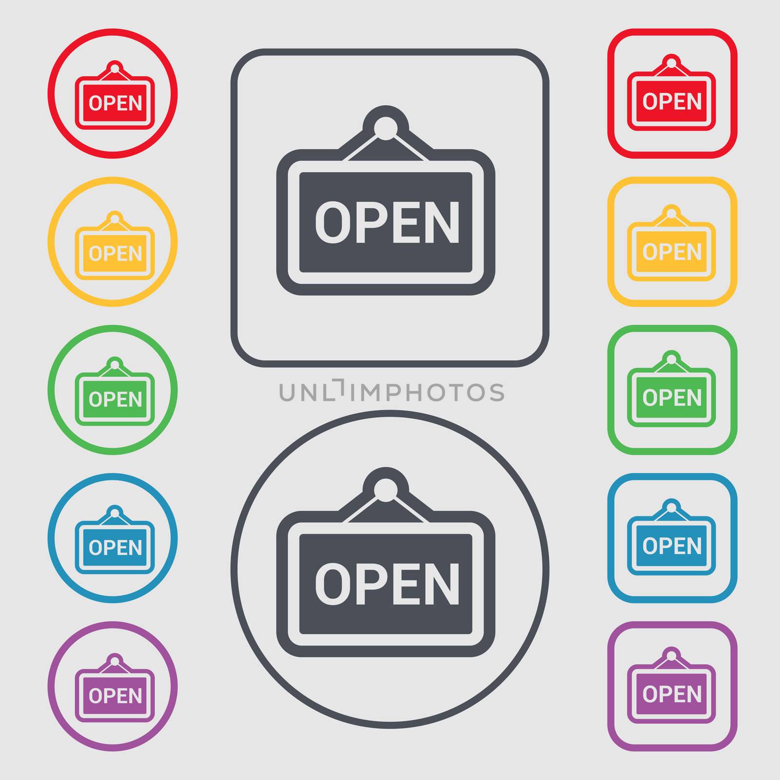 open icon sign. symbol on the Round and square buttons with frame. illustration