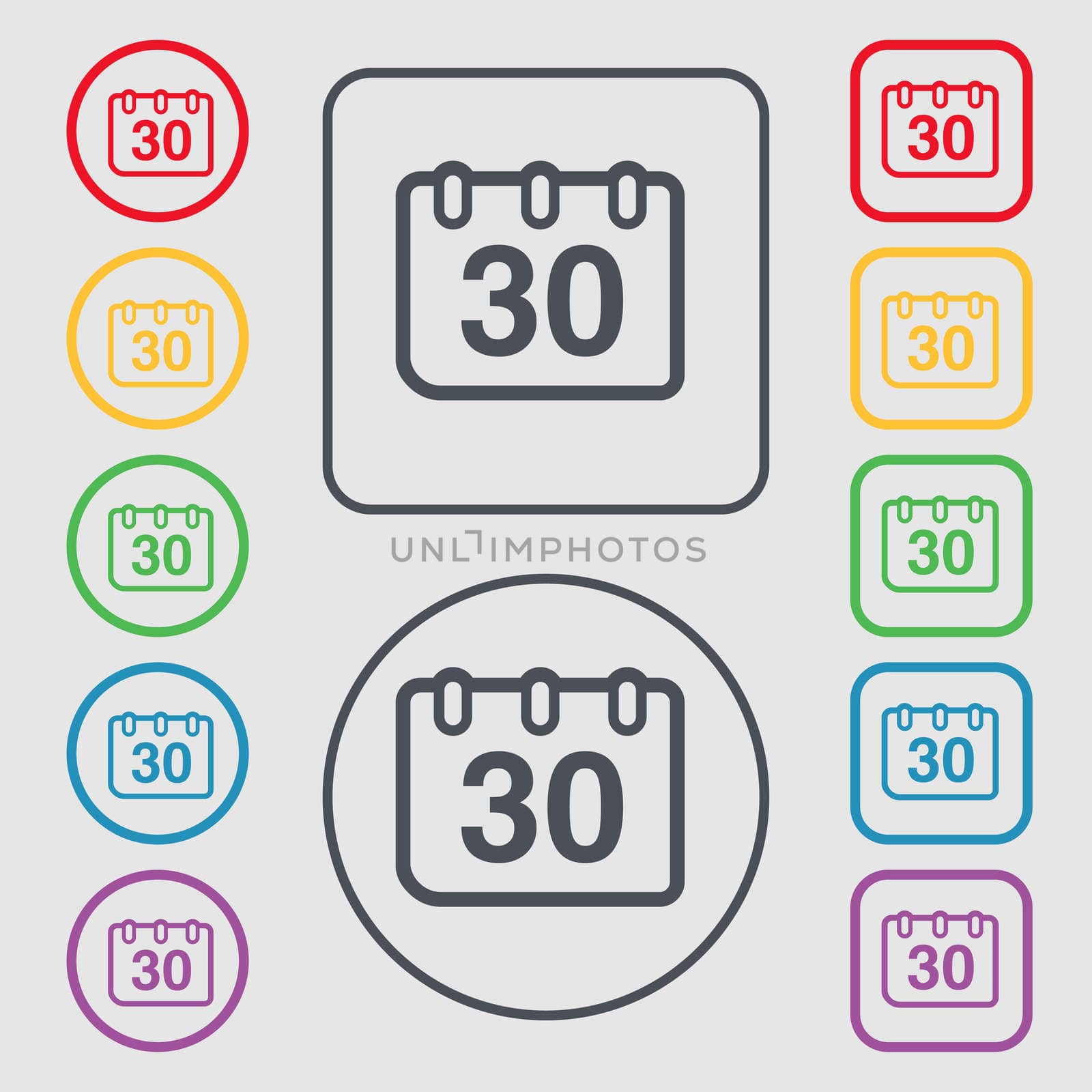 calendar icon sign. symbol on the Round and square buttons with frame. illustration