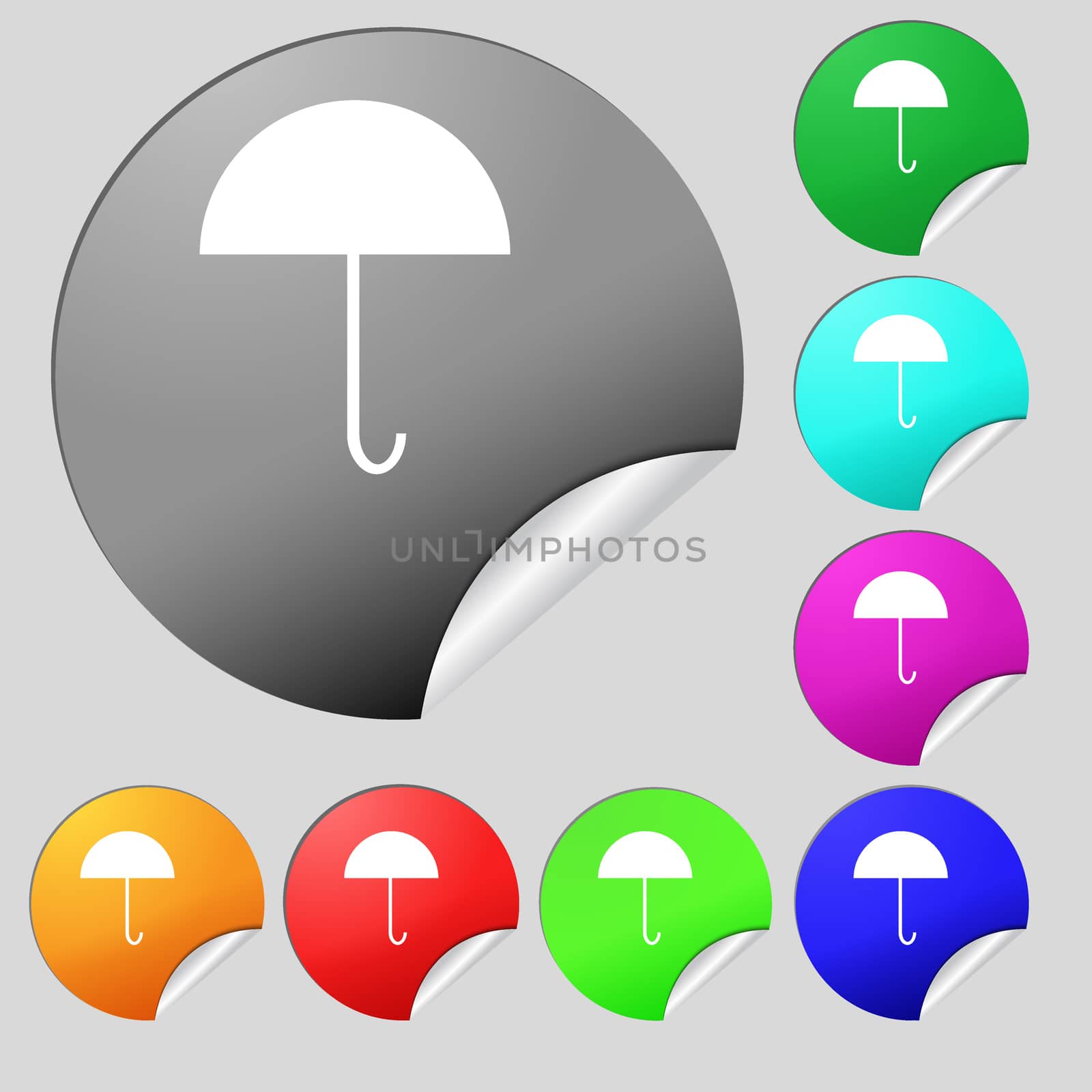 Umbrella sign icon. Rain protection symbol. Set of eight multi colored round buttons, stickers.  by serhii_lohvyniuk