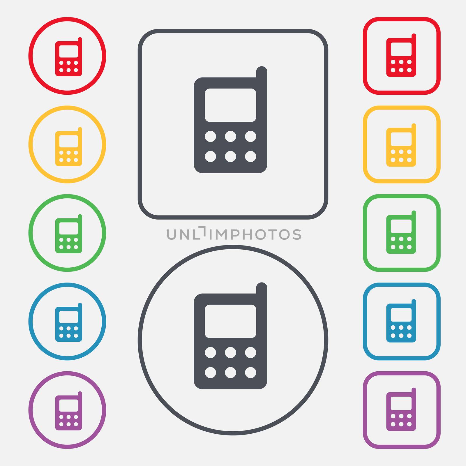 mobile phone icon sign. symbol on the Round and square buttons with frame.  by serhii_lohvyniuk