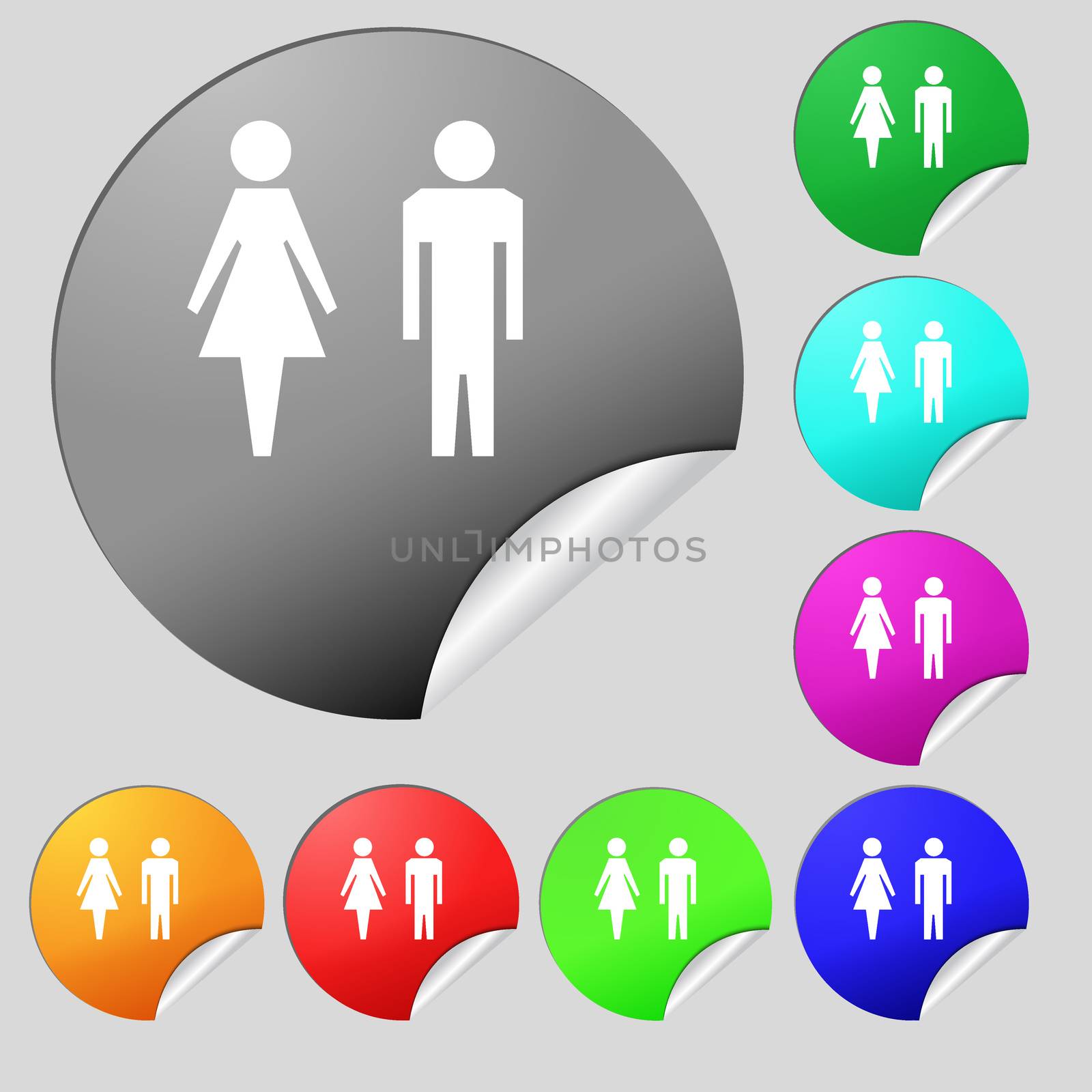 WC sign icon. Toilet symbol. Male and Female toilet. Set of eight multi colored round buttons, stickers.  by serhii_lohvyniuk