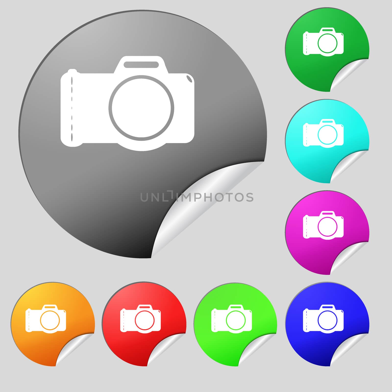 Photo camera sign icon. Digital photo camera symbol. Set of eight multi colored round buttons, stickers. illustration