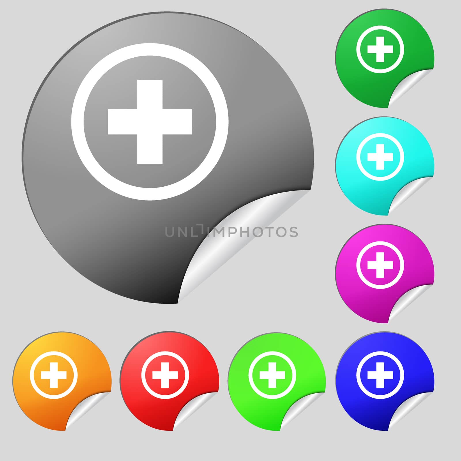 Plus sign icon. Positive symbol. Zoom in. Set of eight multi colored round buttons, stickers. illustration