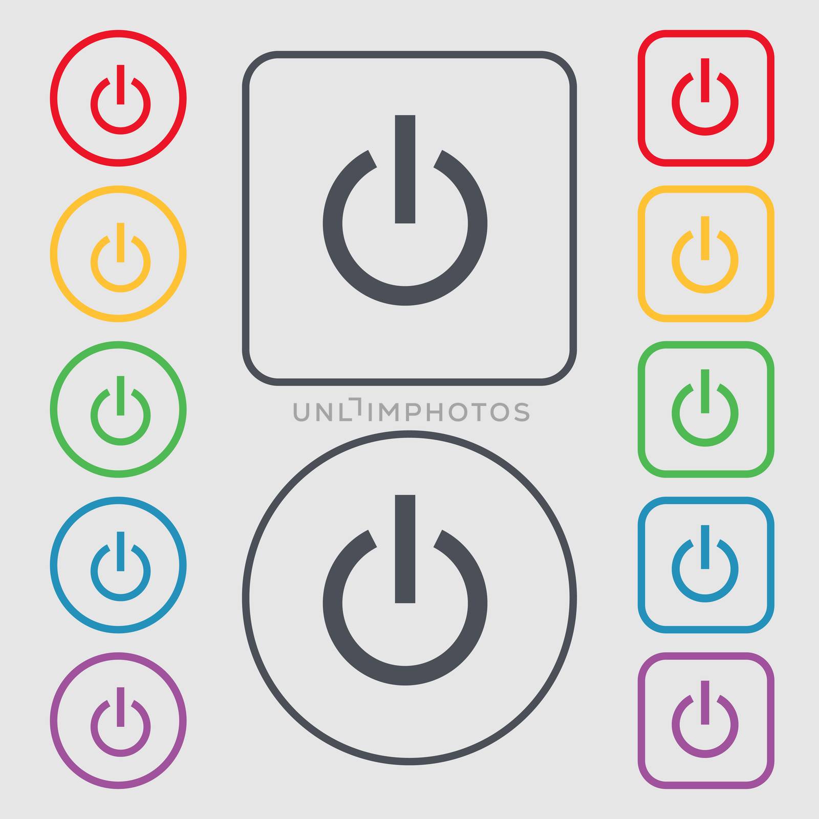 Power icon sign. symbol on the Round and square buttons with frame. illustration