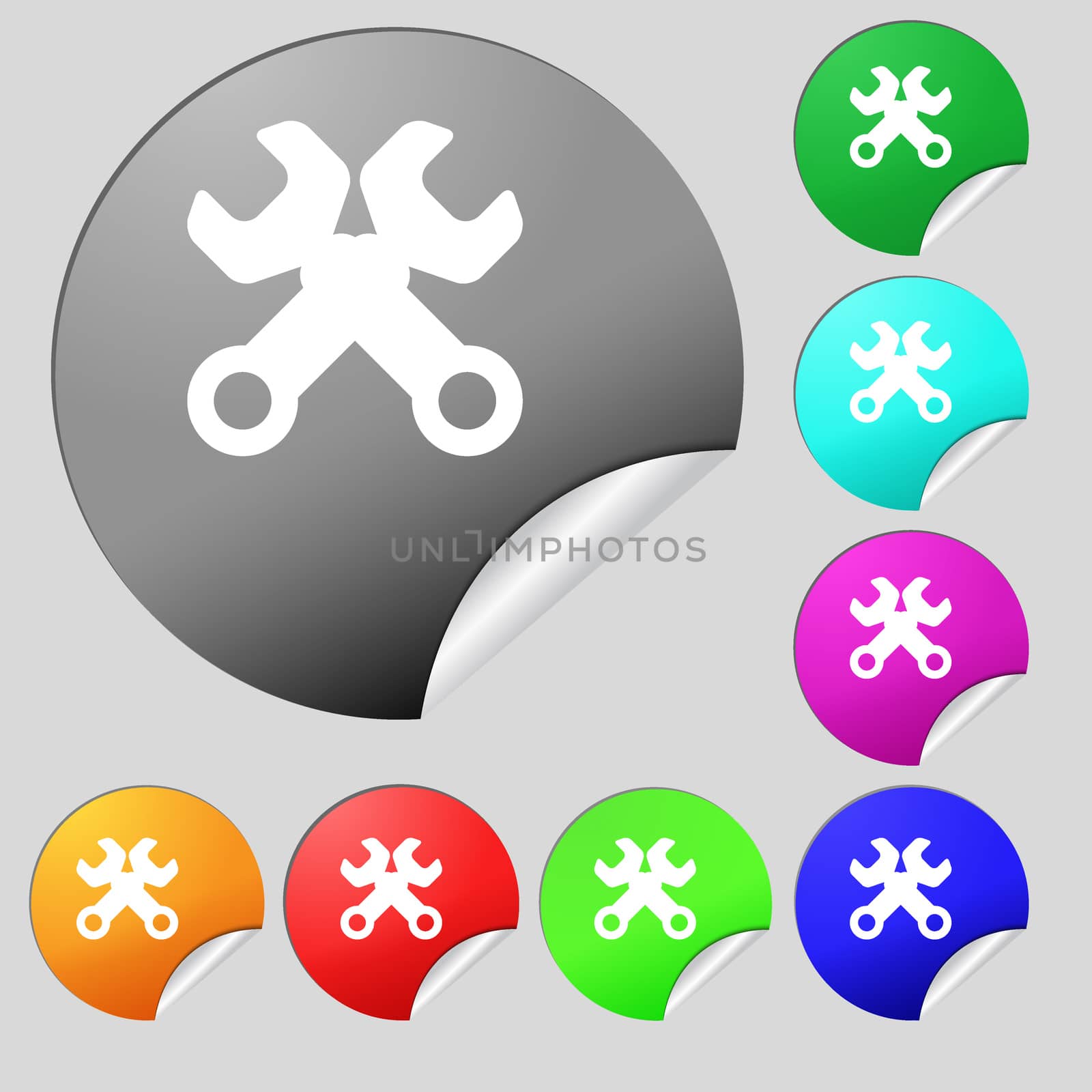 Wrench key sign icon. Service tool symbol. Set of eight multi colored round buttons, stickers. illustration