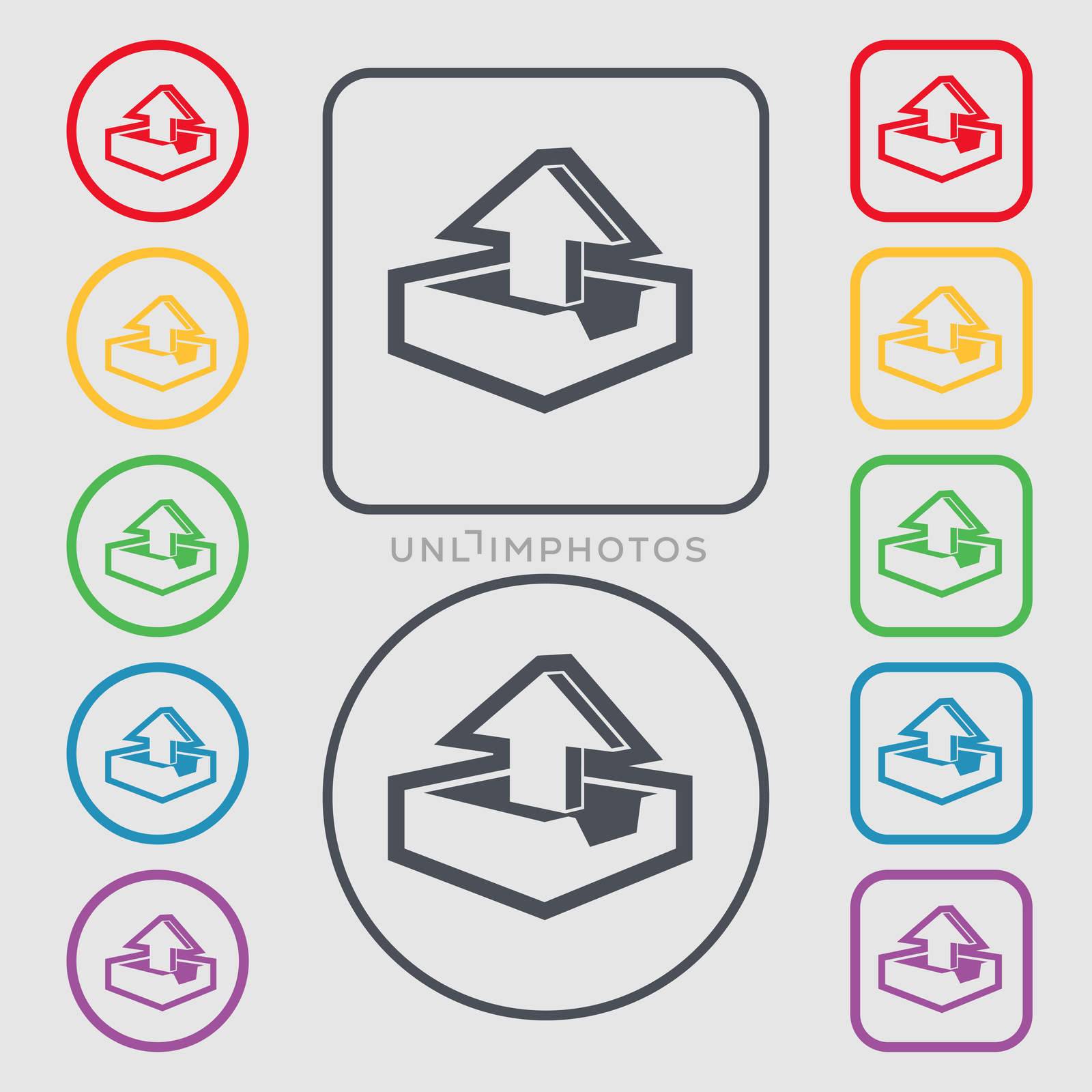 Upload icon sign. symbol on the Round and square buttons with frame. illustration