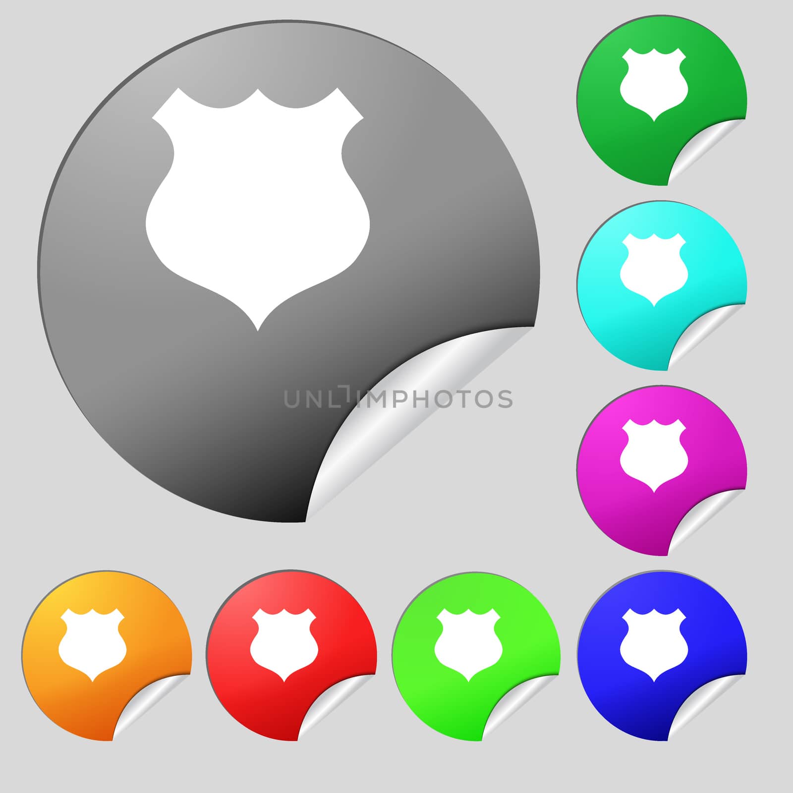 shield icon sign. Set of eight multi colored round buttons, stickers.  by serhii_lohvyniuk