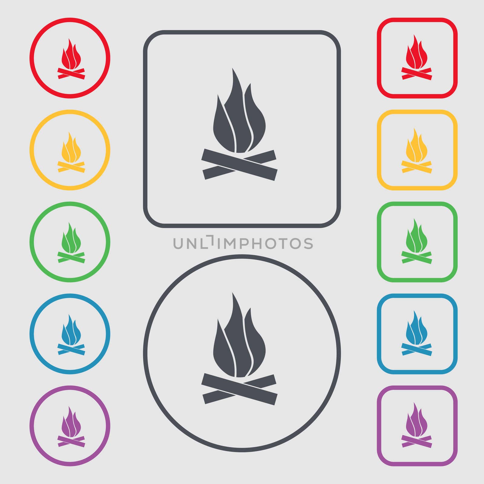 A fire icon sign. symbol on the Round and square buttons with frame. illustration