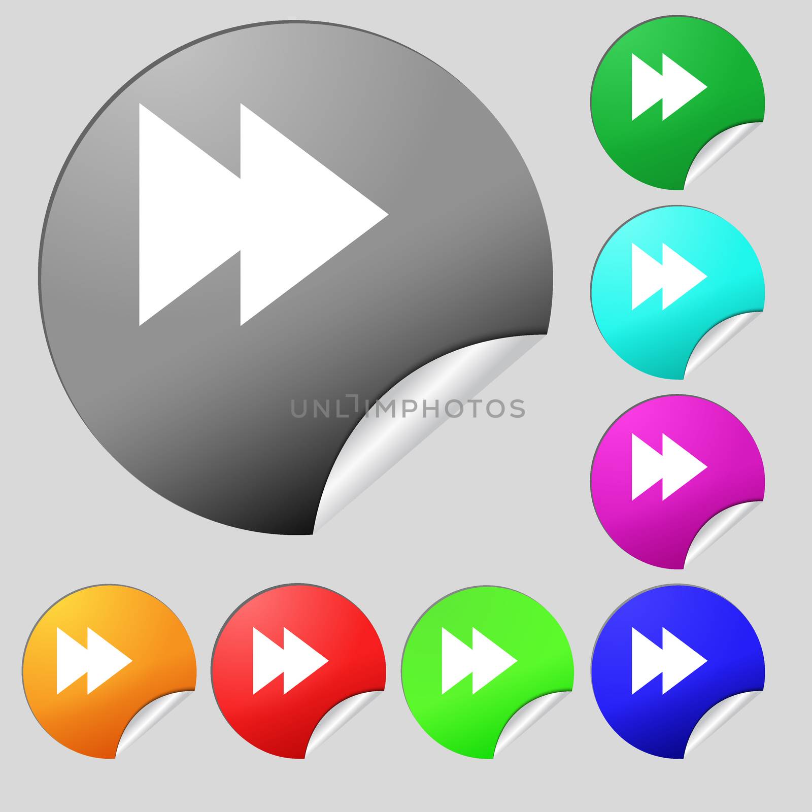 multimedia sign icon. Player navigation symbol. Set of eight multi colored round buttons, stickers. illustration
