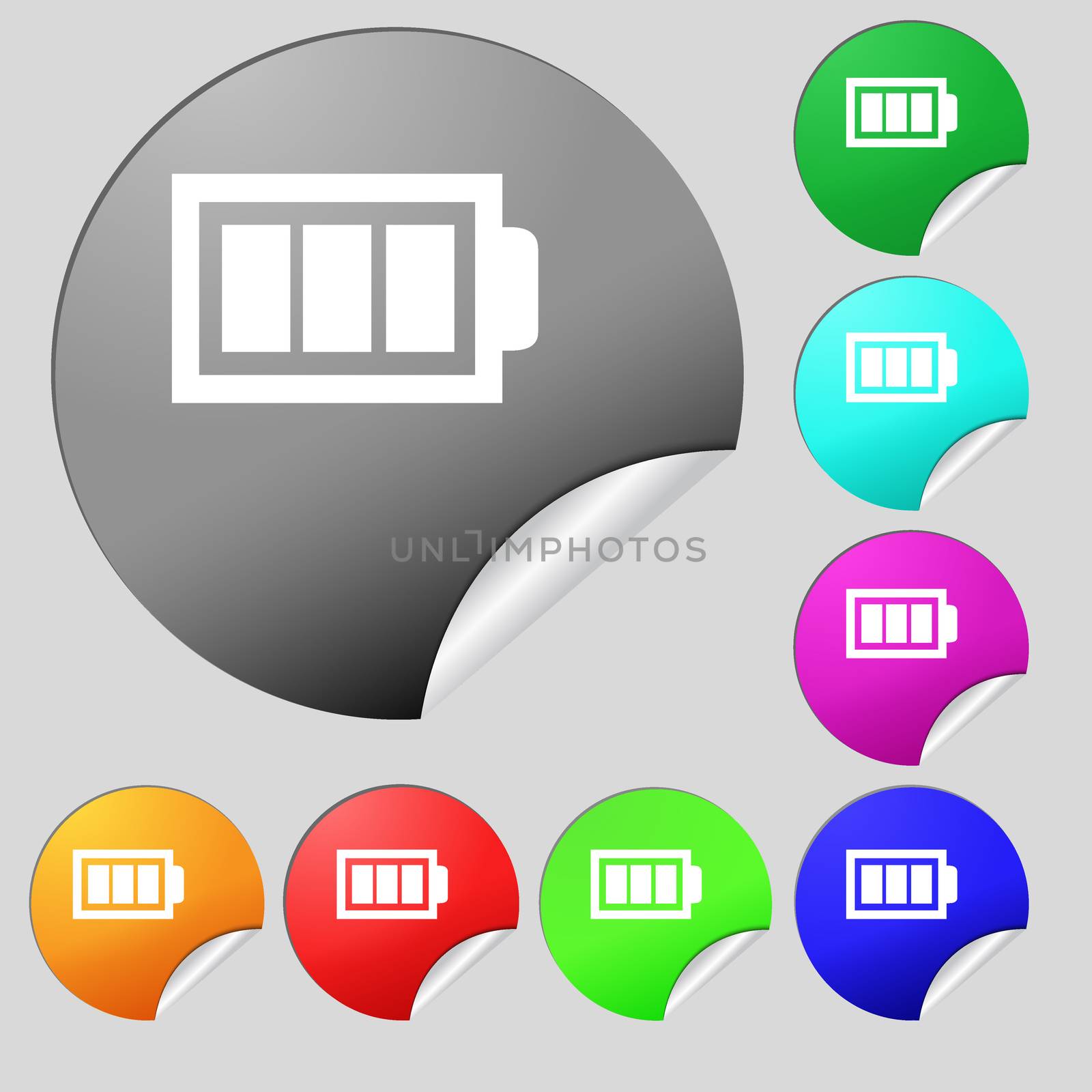 Battery fully charged sign icon. Electricity symbol. Set of eight multi colored round buttons, stickers. illustration