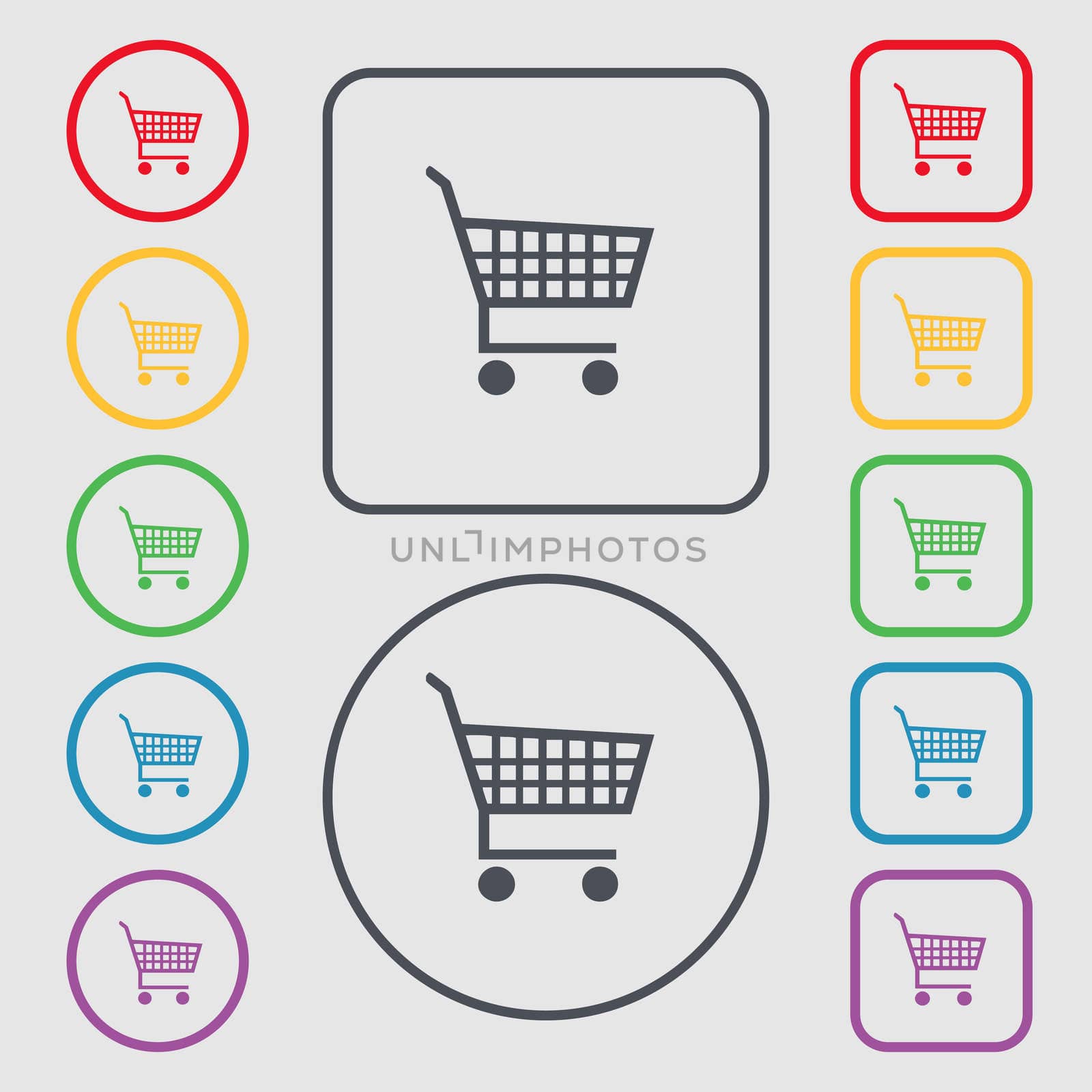 shopping cart icon sign. symbol on the Round and square buttons with frame. illustration