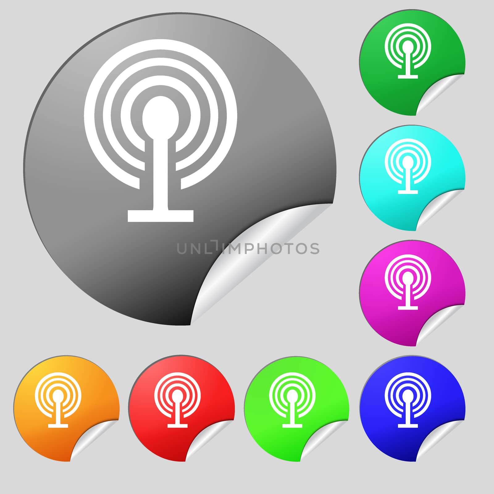 Wifi sign. Wi-fi symbol. Wireless Network icon zone. Set of eight multi colored round buttons, stickers. illustration