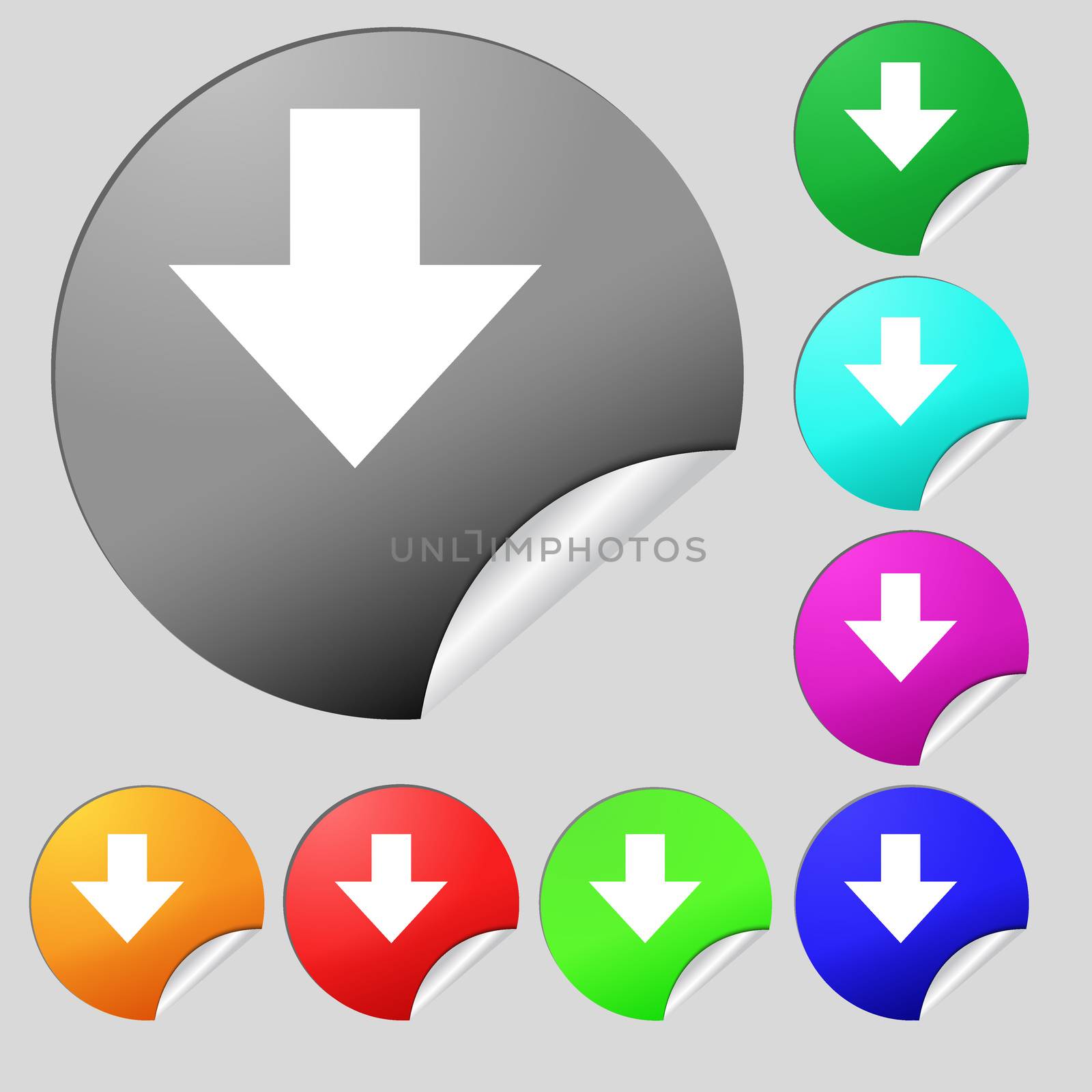 Download sign. Downloading flat icon. Load label. Set of eight multi colored round buttons, stickers.  by serhii_lohvyniuk