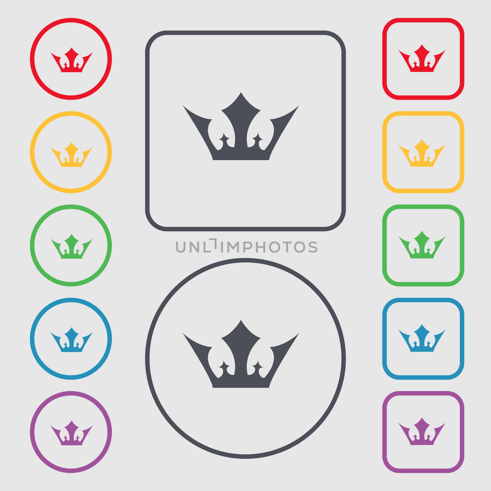 Crown icon sign. symbol on the Round and square buttons with frame. illustration
