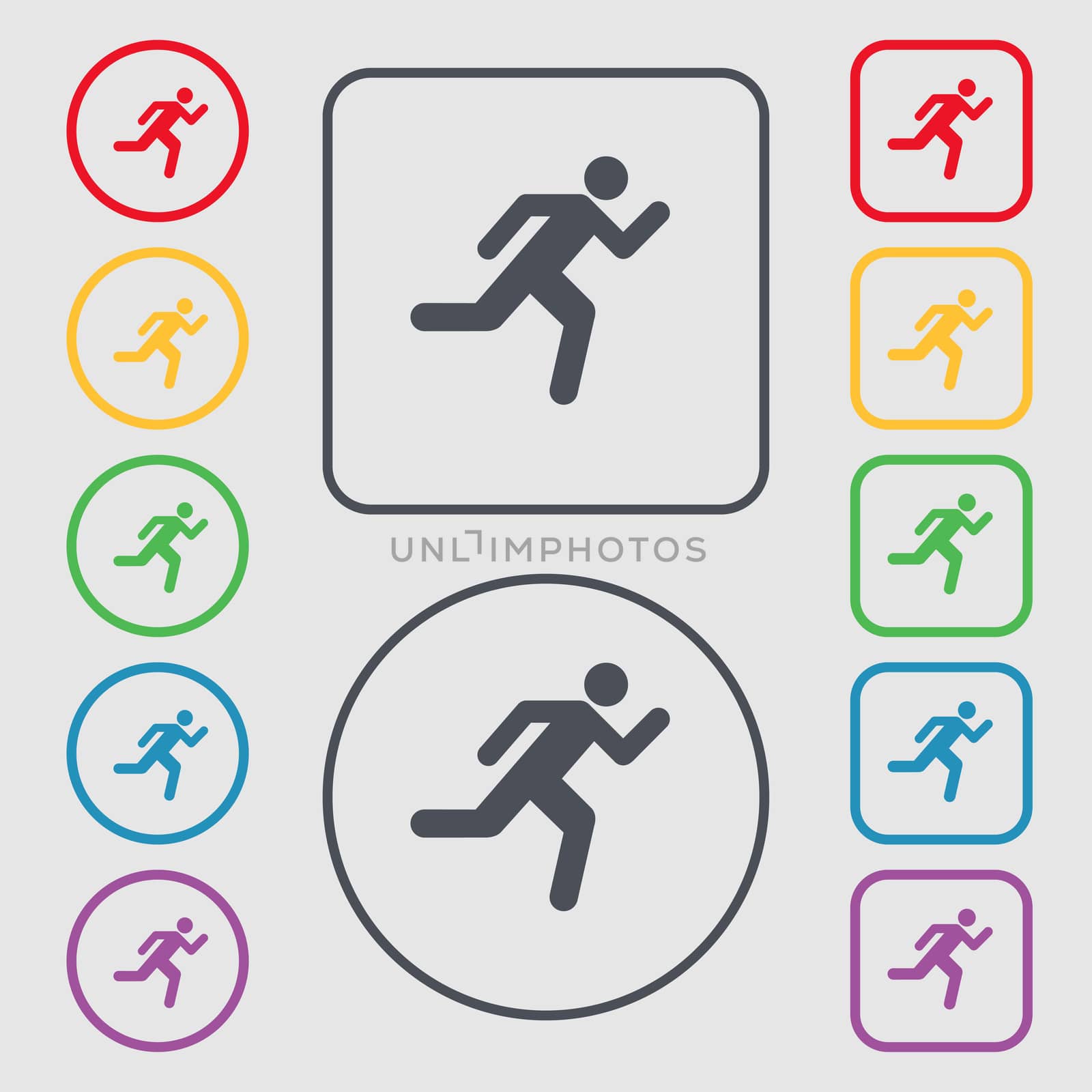 running man icon sign. symbol on the Round and square buttons with frame.  by serhii_lohvyniuk