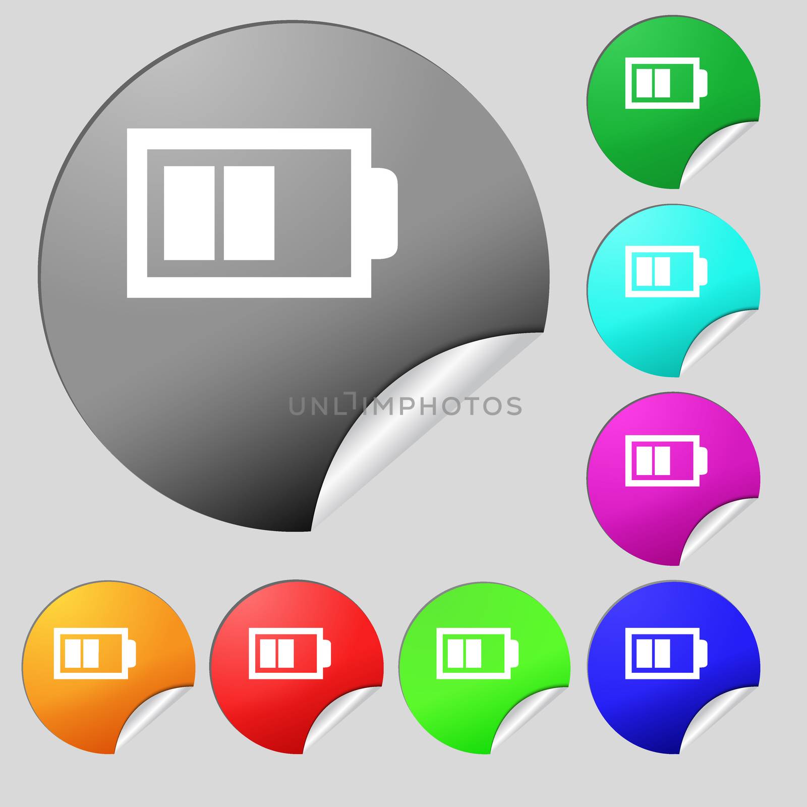 Battery half level sign icon. Low electricity symbol. Set of eight multi colored round buttons, stickers. illustration