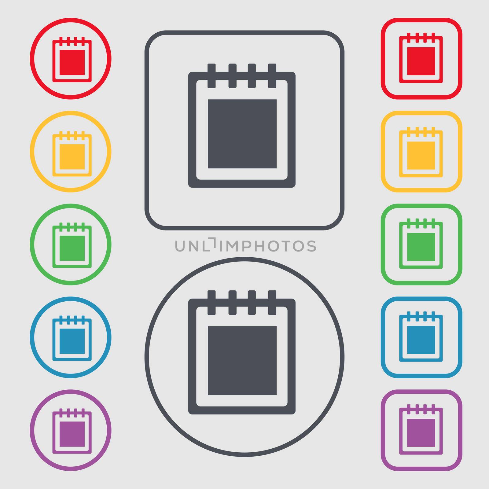 Notepad icon sign. symbol on the Round and square buttons with frame. illustration