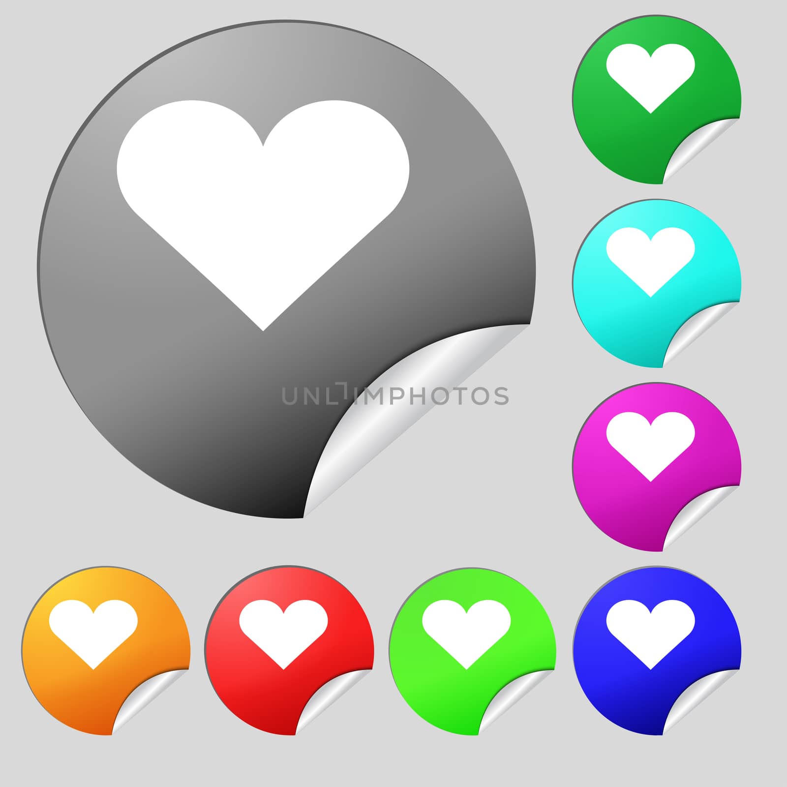 Heart, Love icon sign. Set of eight multi-colored round buttons, stickers. illustration