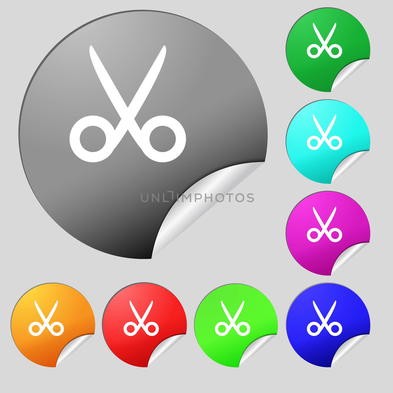 Scissors hairdresser sign icon. Tailor symbol. Set of eight multi colored round buttons, stickers. illustration
